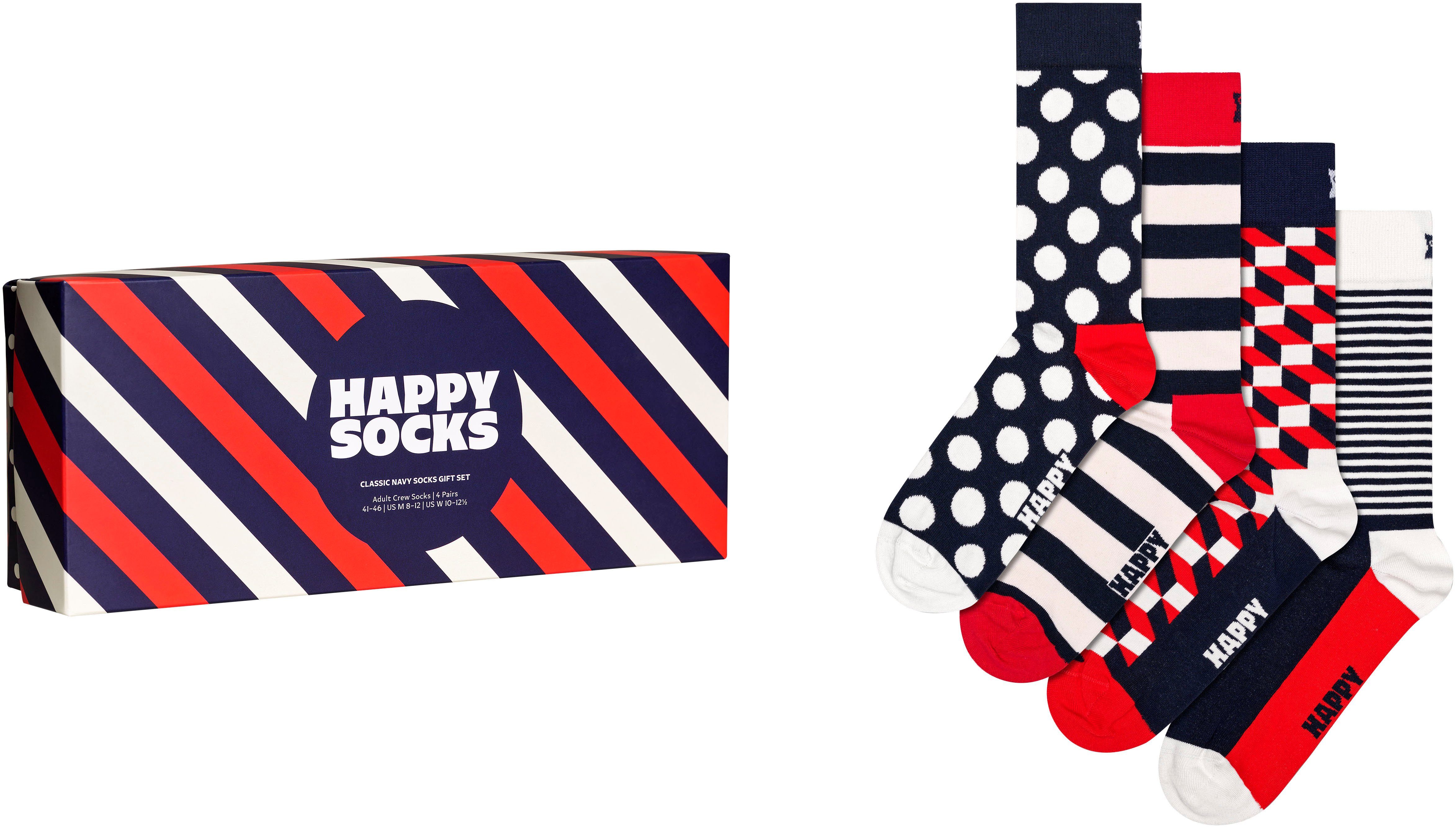 4-Pack Set (Packung, Socks Happy Classic & Stripes 4-Paar) Navy 2 Socks Dots Navy Gift Classic Socken