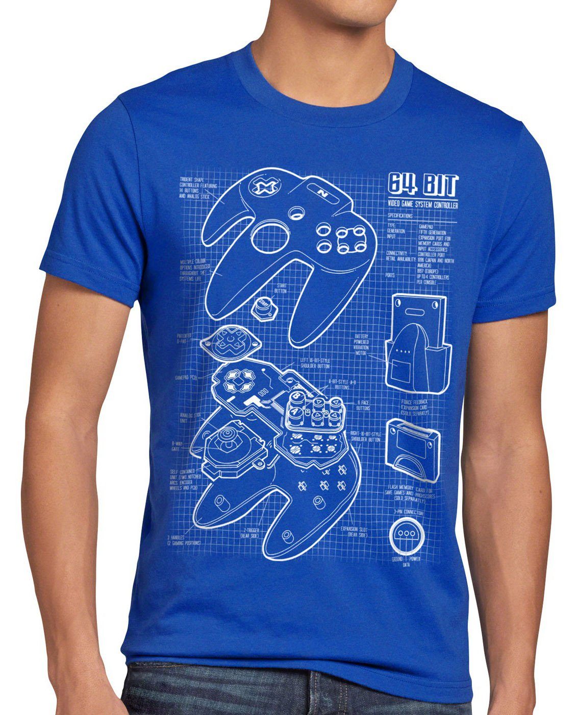 style3 Print-Shirt Herren T-Shirt N64 Blaupause gamer 64 nintendo controller mario kart classic nes