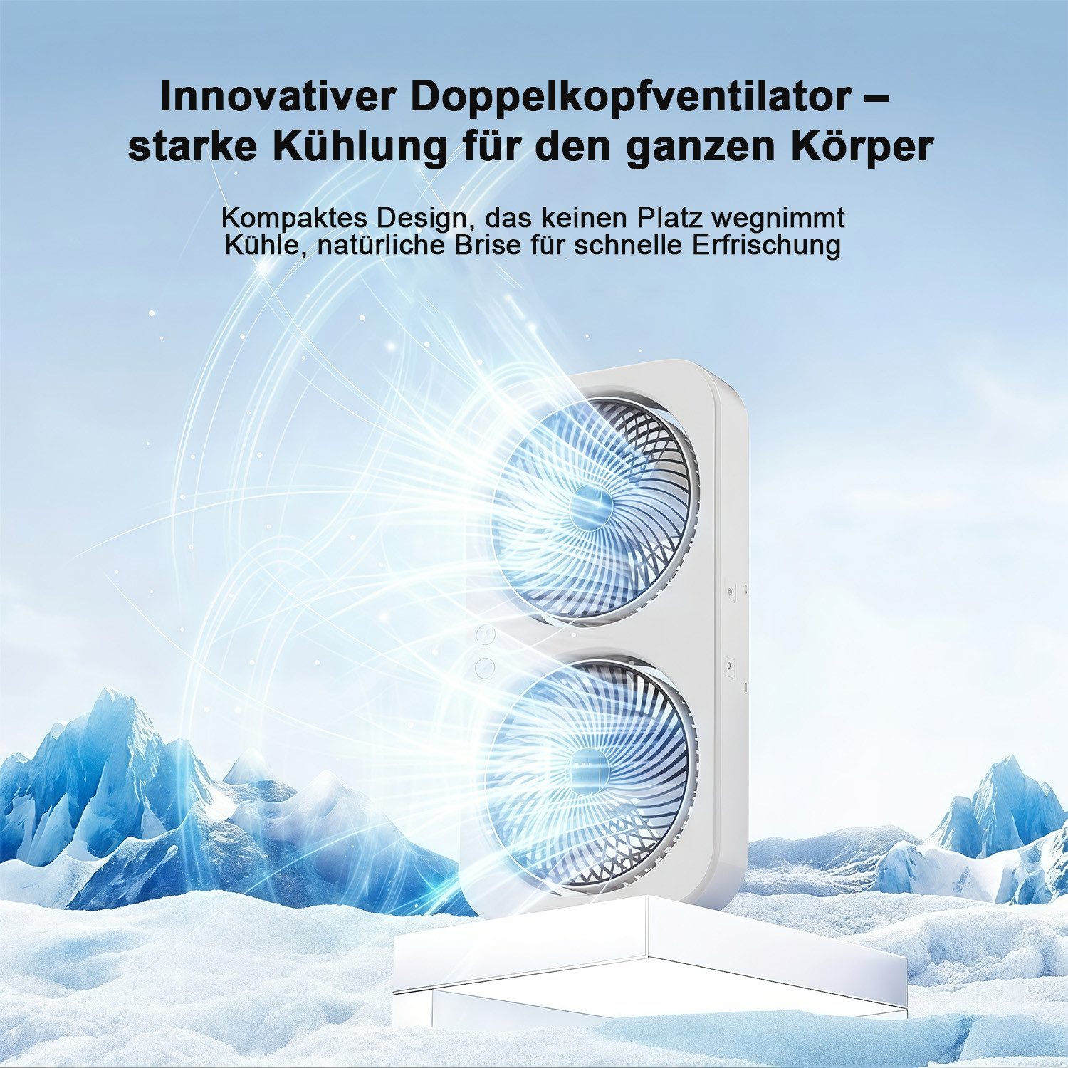 MOPUEA Standventilator 90° Drehbar Doppelkopf Ventilator Luftzirkulator USB Tischventilator, 3 Windstufen Mit Handyhalterung Stand- & Wandmontage Akku Leise