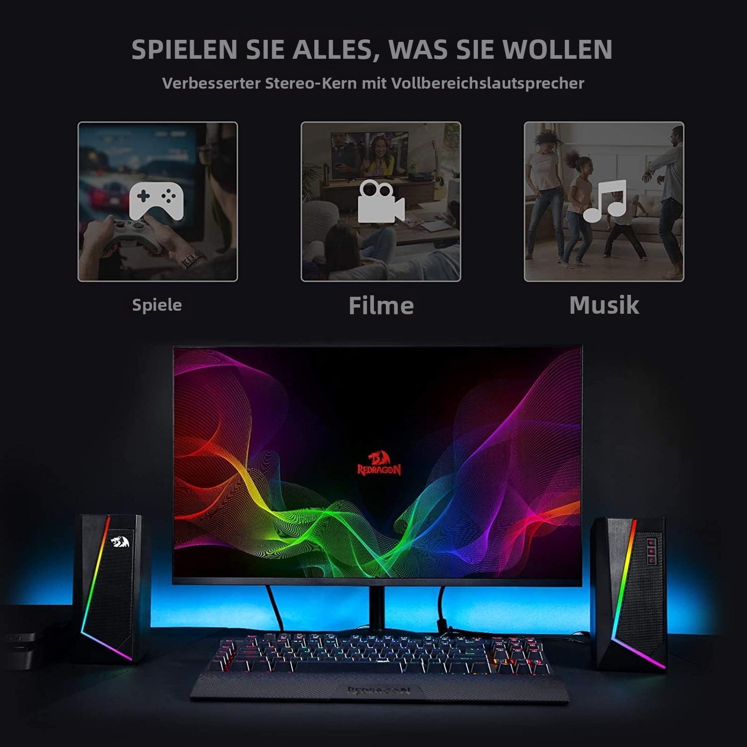 Redragon Spiel-Lautsprecher mit RGB & Einfacher Lautstärkeregelung Gaming-Lautsprecher 2.0-Kanal (Gaming-Boxen– Plug & Play, Schwarz) – Bild 4 von 5