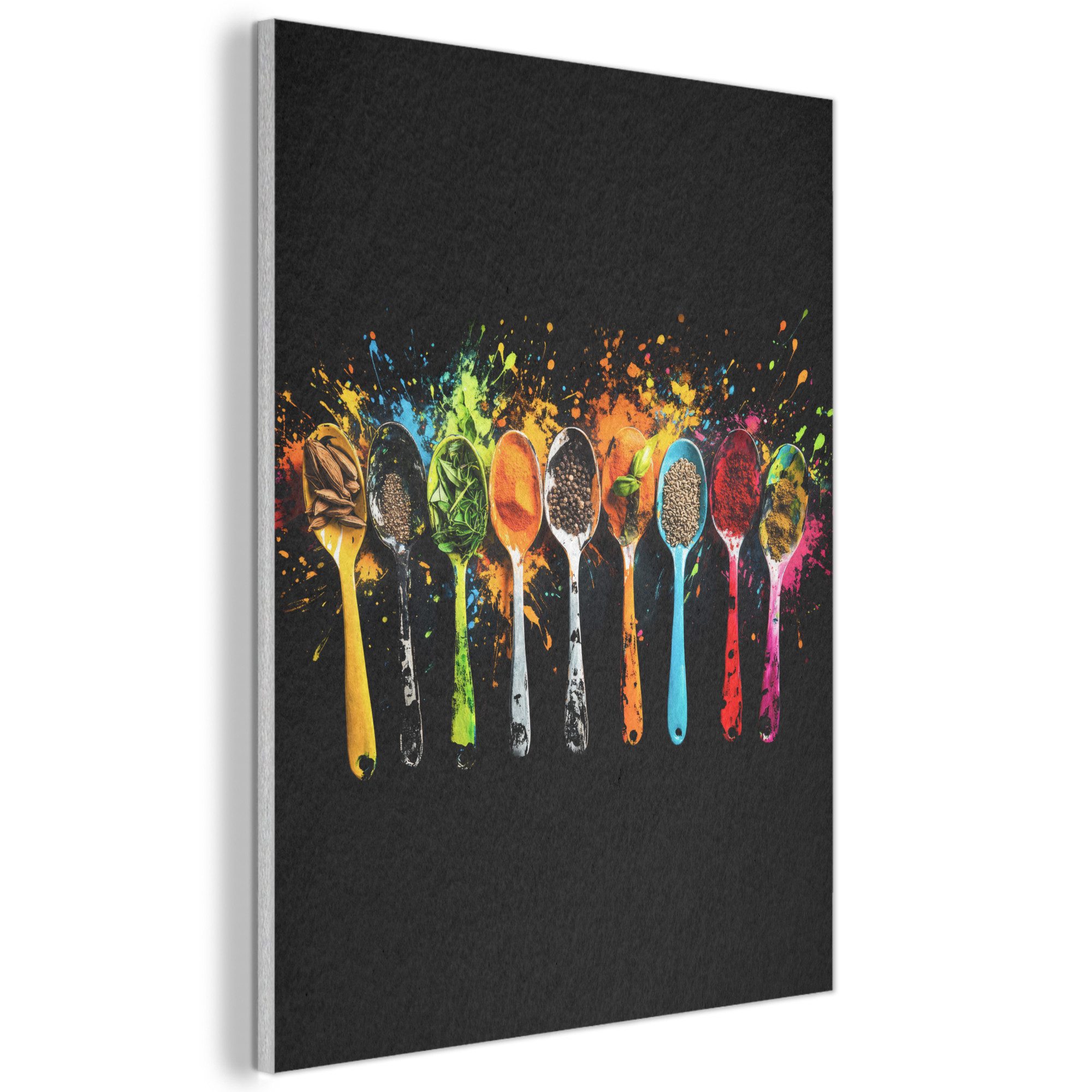 MuchoWow Gemälde Löffel - Gewürze - Modern - Graffiti - Farbe - Farbenfroh, Fotodruck (1 St), Akustikpaneele, Wandpaneele, Schalldämmung, Akustikbilder 30x40 cm