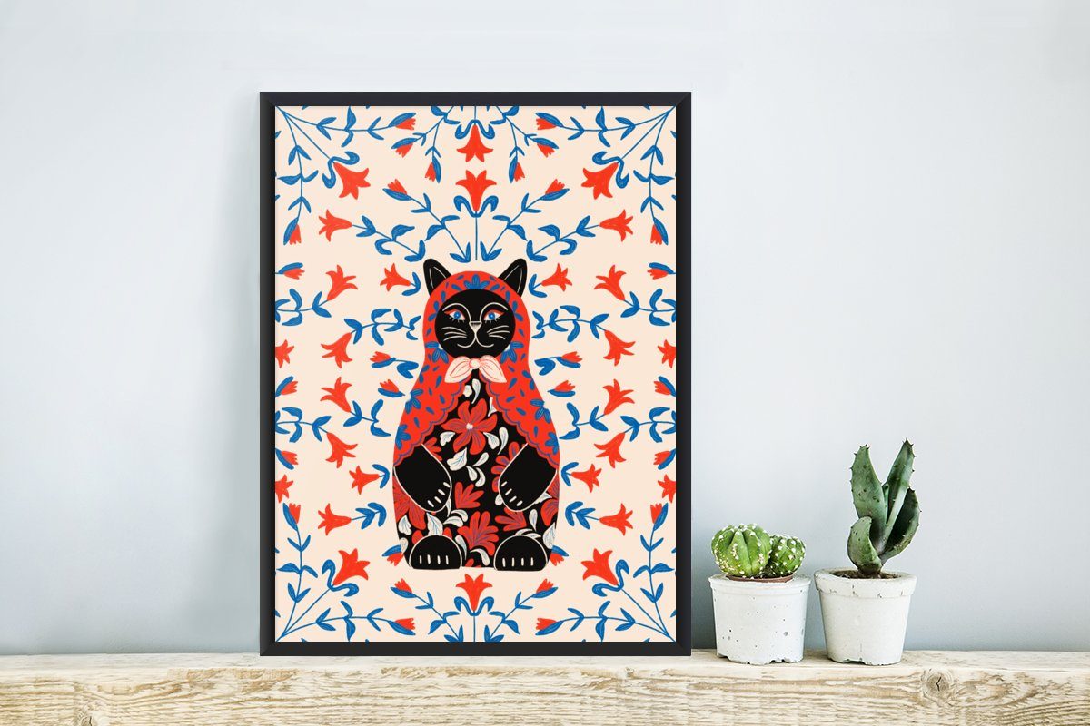 MuchoWow Poster Matrjoschka - Schwarzem St), Bilderrahmen mit Kunstdruck, - Katze, Rahmen, (1 Poster, Blumen Gerahmtes