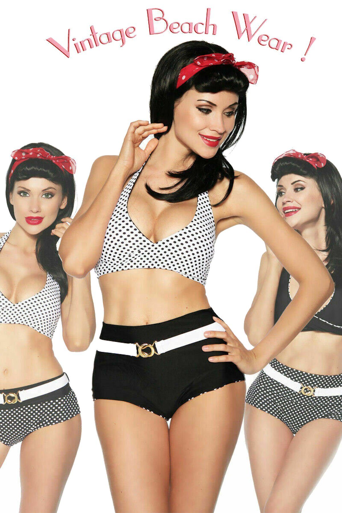Samegame Triangel-Bikini Rockabilly Wendebikini mit Gürte Vintage-Bikini Set l schwarz/weiß/dots