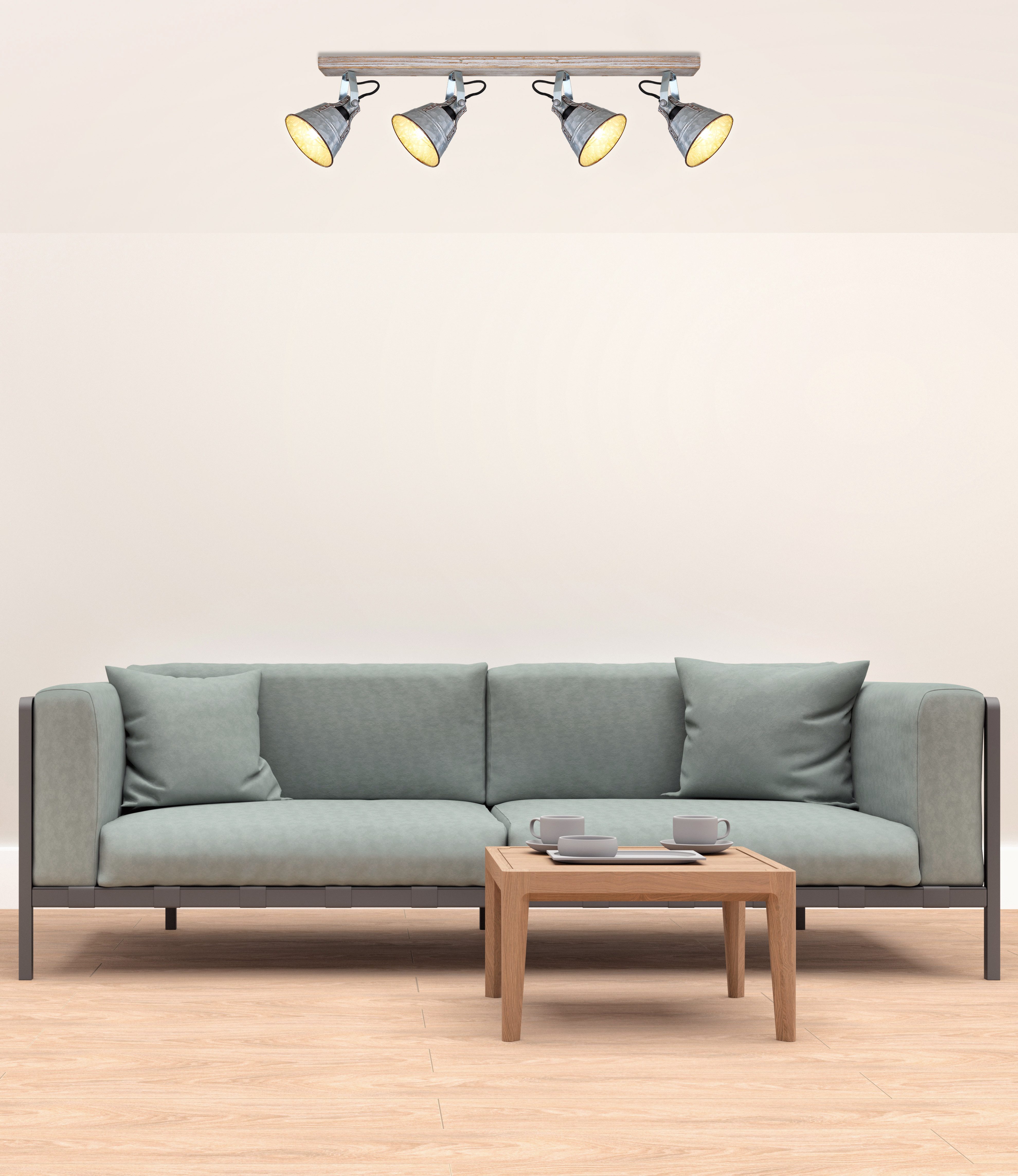 GLOBO LIGHTING Deckenspot GÜNTHER I, Leuchtmittel wechselbar, Holz-weiß Strahler mit Metall, zinkfarbener Schirm, E27 4x60W