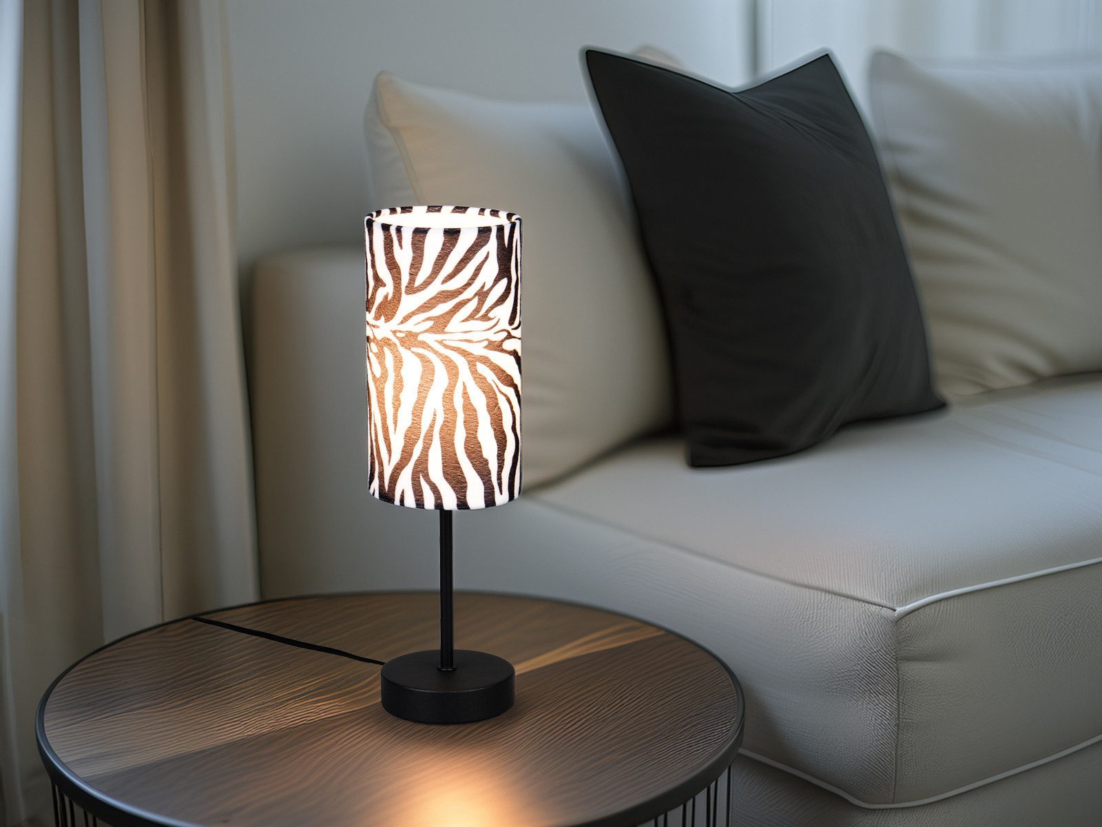 Reality Leuchten LED Nachttischlampe mit Stoffschirm Zebramuster Höhe 36,5cm, Dimmfunktion, LED wechselbar, warmweiß, ausgefallen-e coole besondere Tischlampe F – Bild 2 von 5
