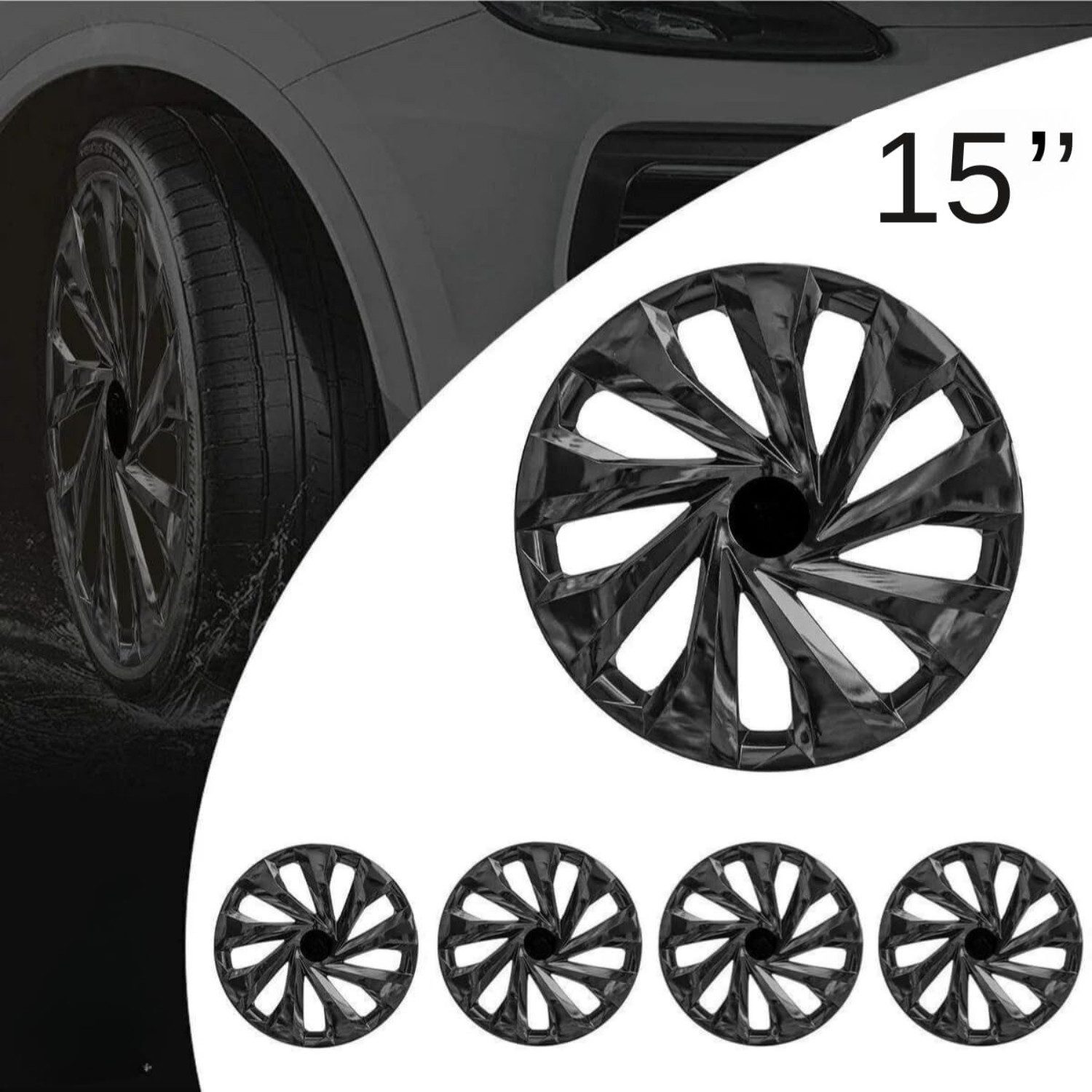 Trimak Radkappen 13-14-15-16 Zoll 4er Set Radzierblenden Silber Schwarz Schlagfest, Schwarz / 15-Zoll-Radkappen, ABS Kunststoff, Schlagfest, Hochwertig