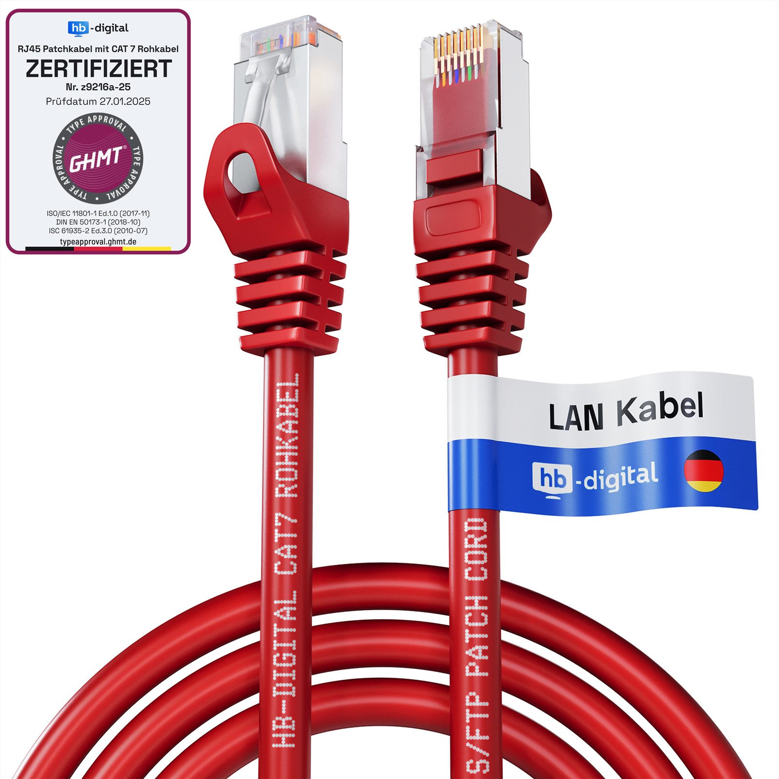 HB-DIGITAL Patchkabel CAT.7 Rohkabel LAN Kabel Cat7 S/FTP PiMF LSZH Netzwerkkabel, Netzwerkstecker, RJ-45 (25 cm), Kontaktoberfläche: Pins Vergoldet 50µ
