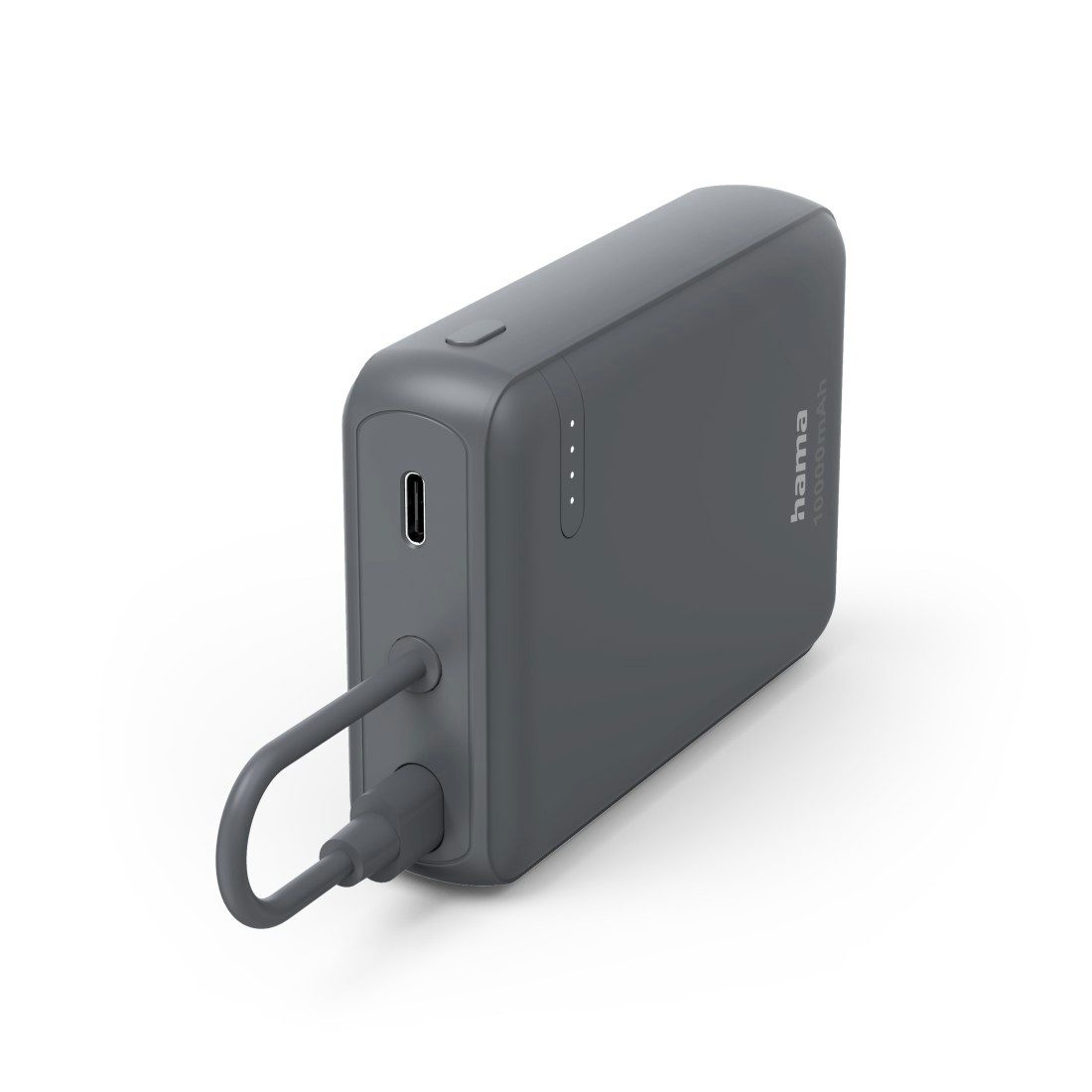 Hama Powerbank mit integriertem USB-C-Kabel, 10000 mAh, 2x USB-C, grau Powerbank, integriertes Kabel, Fast Charge, LED-Kapazitätsanzeige, akkuschonend