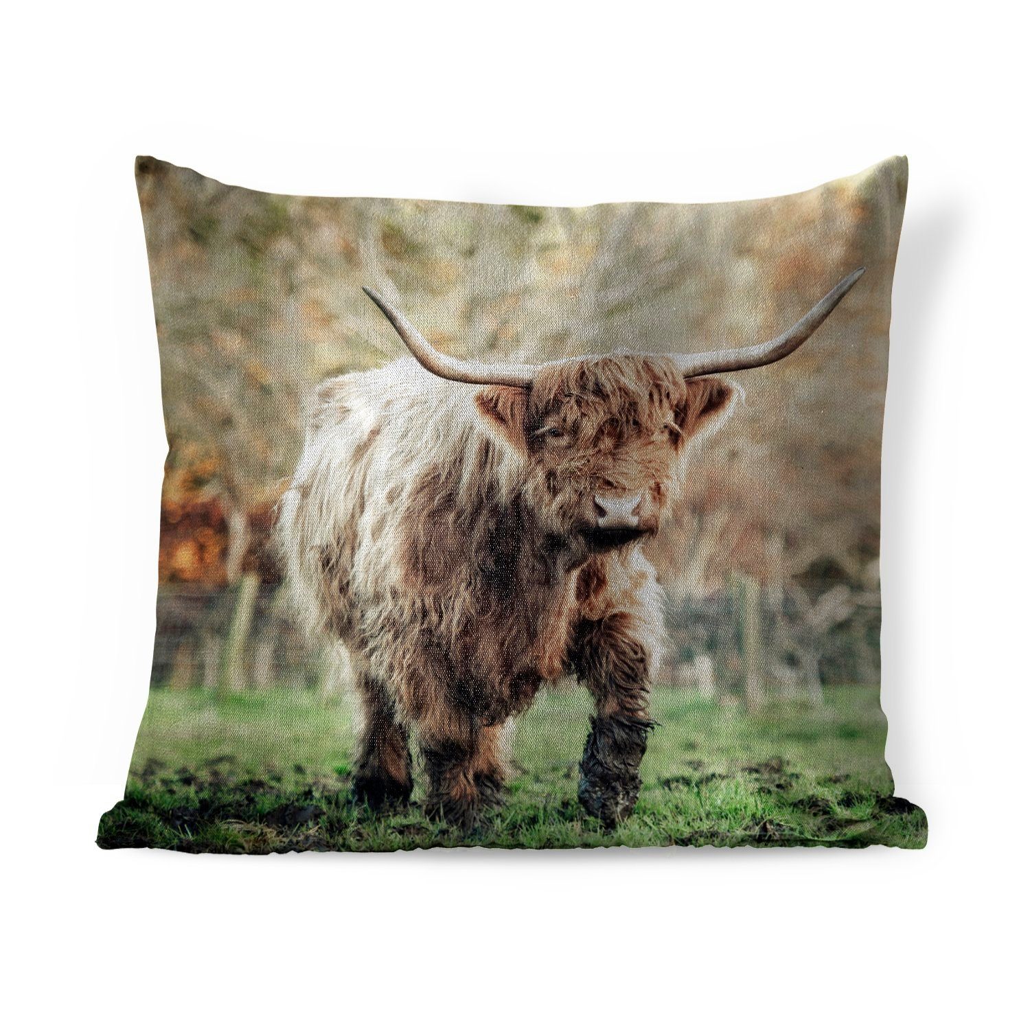 Scottish mit - Zierkissen Bull - Wohzimmer, Herbst, Sofakissen Füllung Dekokissen Schlafzimmer, für MuchoWow Highlander Natur Deko,