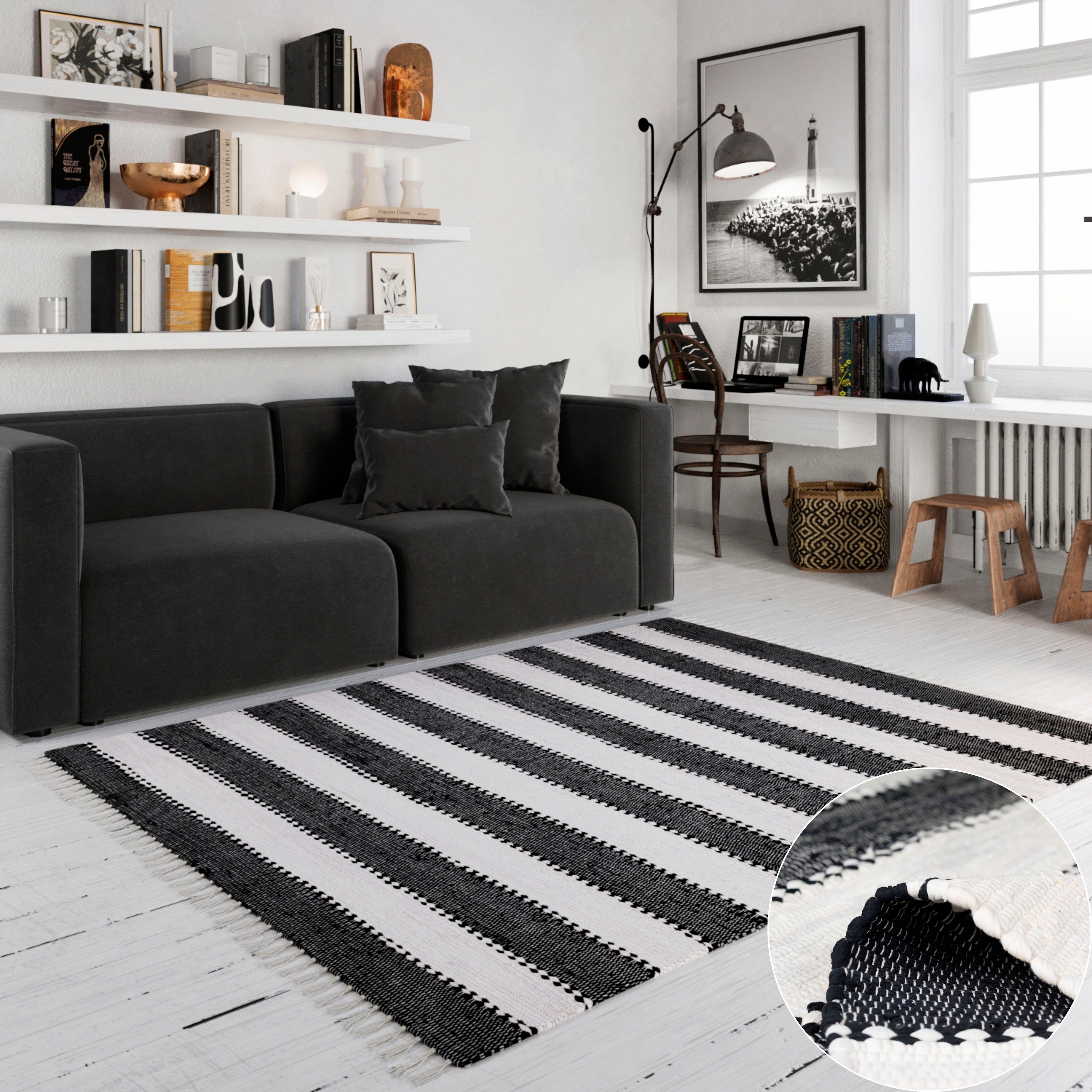 Teppich Benja, my home, rechteckig, Höhe: 10 mm, Handweb Teppich, gestreift, 90% Baumwolle, handgewebt, mit Fransen