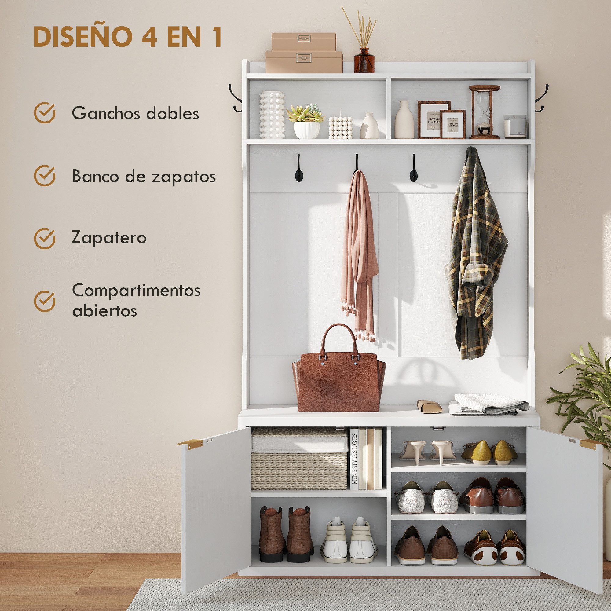 kowdom Garderobenständer Garderoben-Schuhschrank 4-in-1, Bank & Haken, 100x38x172 cm, (Garderobe, 4-in-1 Möbelstück), Garderoben-Schuhschrank, 4-in-1, Bank, Haken, 172 cm
