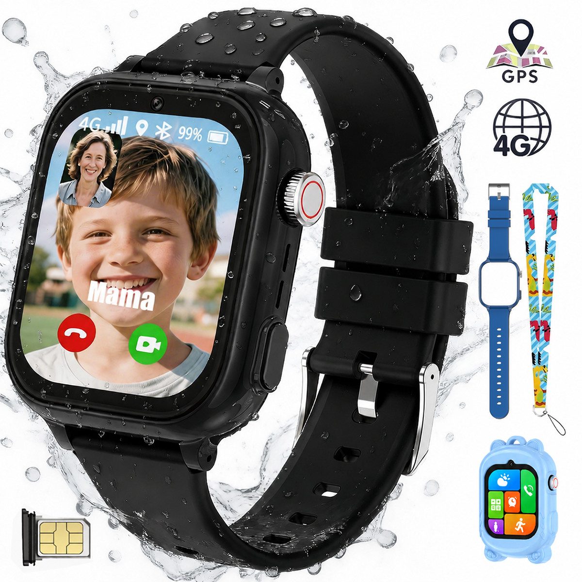 Vashoy Kinderuhr T59/T53 Smartwatch Kinder mit GPS,Kindgerecht sicher Smartwatch (5 cm/1.83 Zoll, RTOS/4G (LTE) 4G Telefonfunktionen Smartwatch, 6-tlg., Mit App-Download-Funktion, Verschiedene Gehäusevarianten, Schulmodus,Geschenke für Kinder im Alter von