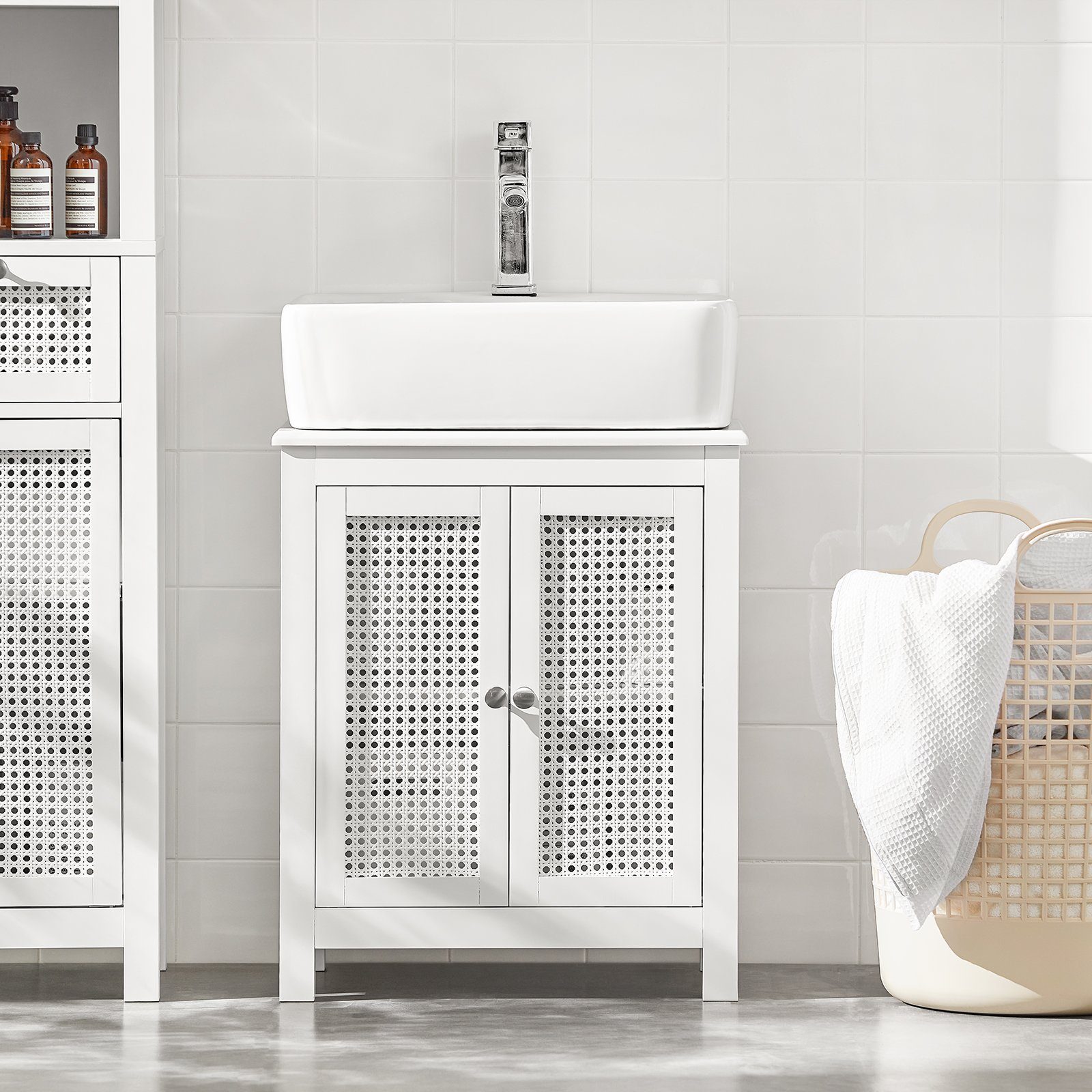 SoBuy Waschbeckenunterschrank mit Gitteroptik-Türen MDF Weiß 50 cm BZR35-W günstig online kaufen