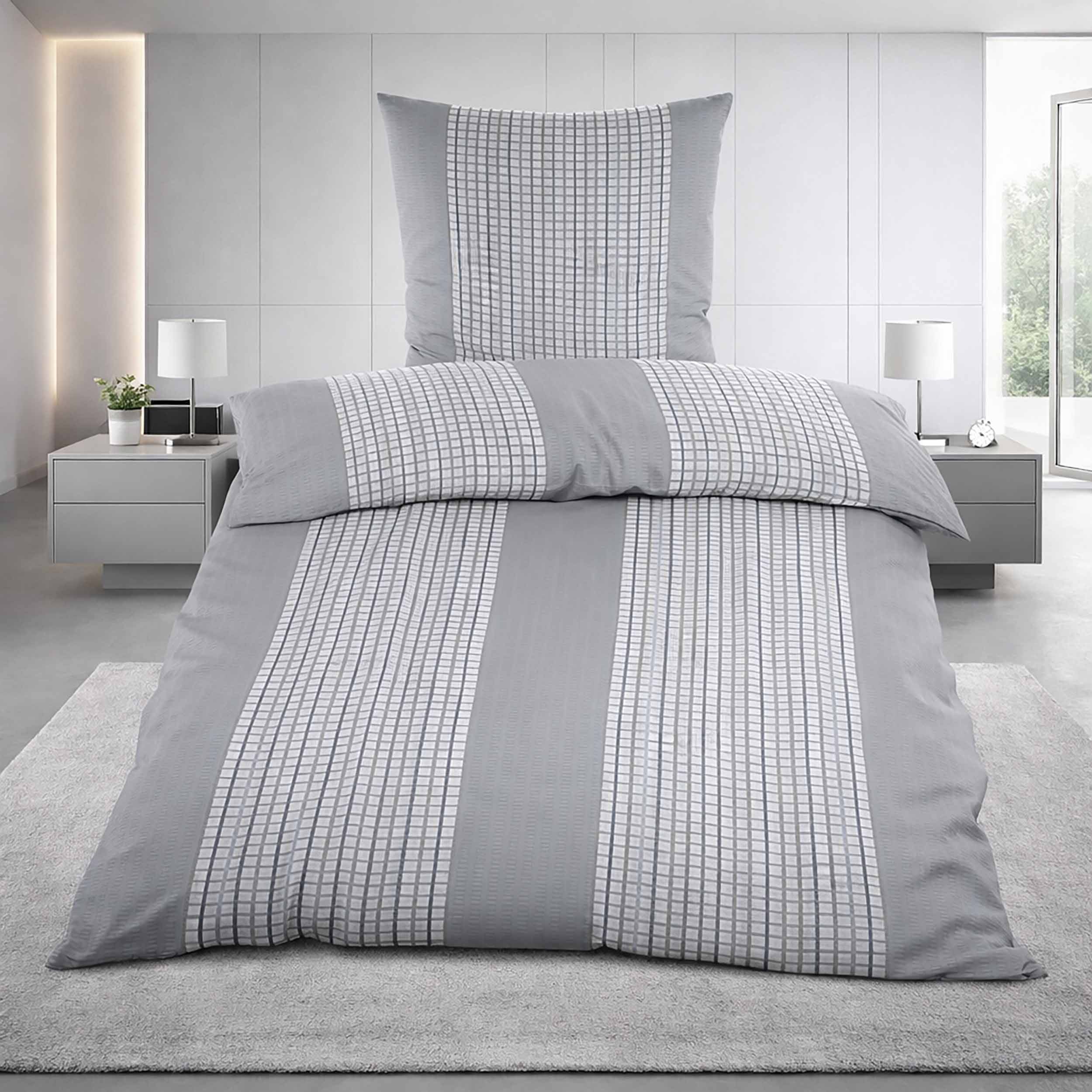 Casa Colori Bettwäsche Seersucker Bettwäsche 135x200 Reißverschluss Grau kariert, Seersucker, 2 teilig, leicht