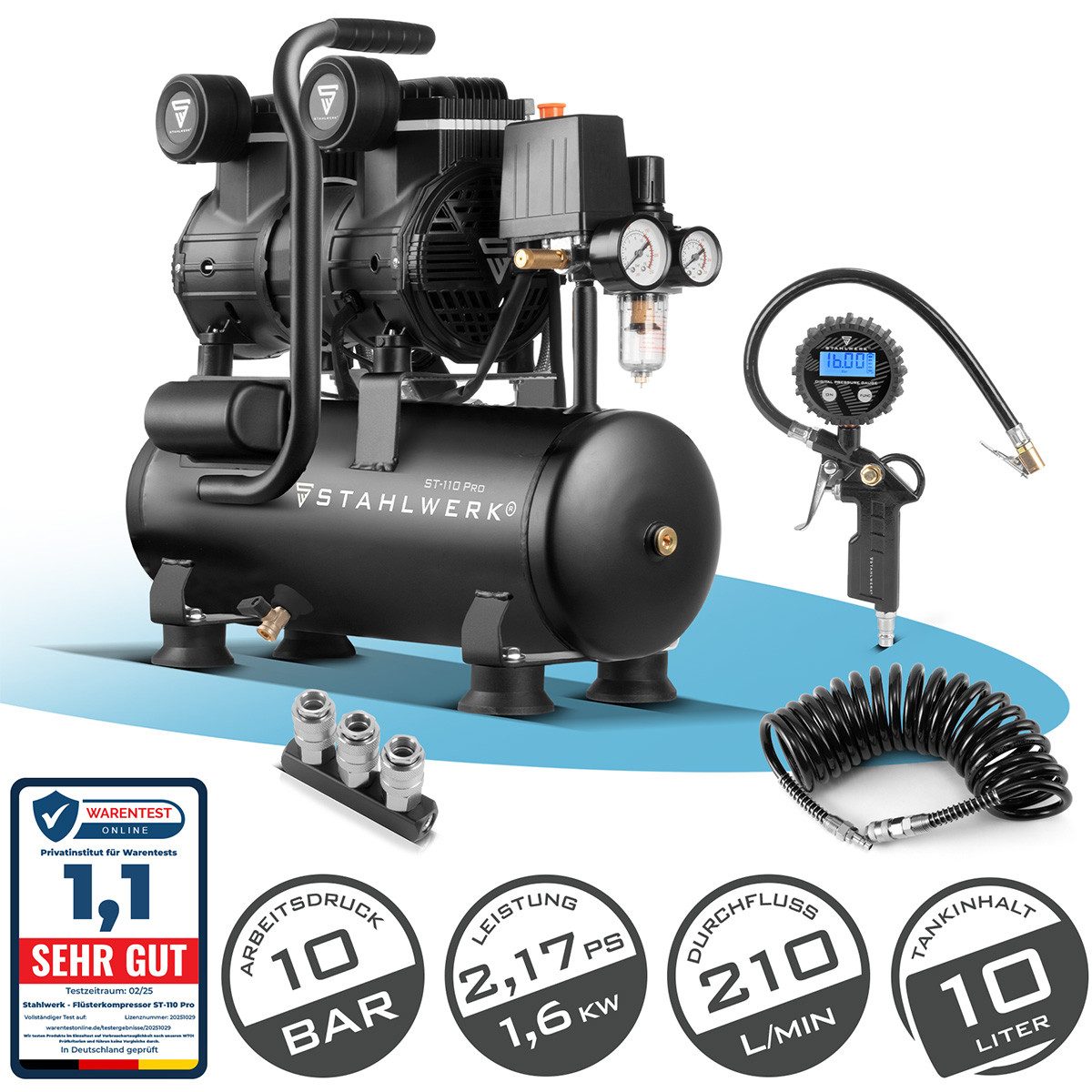 STAHLWERK Kompressor Kompressor ST-110 Pro Vollausstattung, 1600 W, 10 l, Set, 1-tlg., Vollausstattung, Schweißer-Gripzangen inklusive Transportkoffer