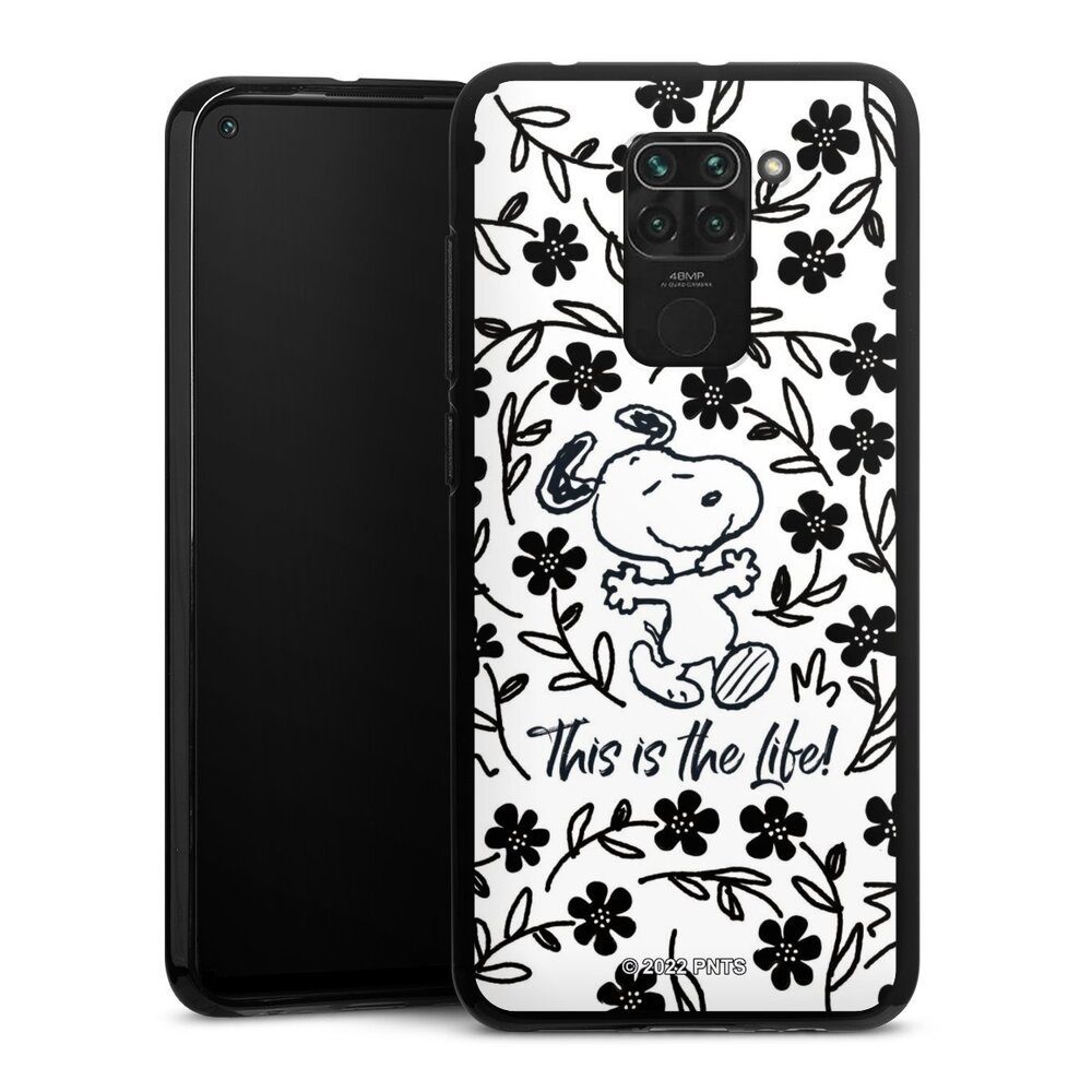 DeinDesign Handyhülle Peanuts Blumen Snoopy Snoopy Black and White This Is The Life, Xiaomi Redmi Note 9 Silikon Hülle Bumper Case Handy Schutzhülle