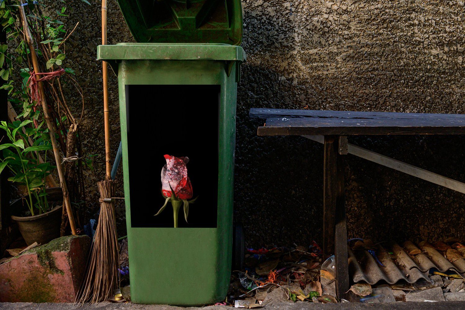 Wandsticker (1 Schwarz Mülleimer-aufkleber, Rose Sticker, - Abfalbehälter Mülltonne, St), Container, - Pilz MuchoWow