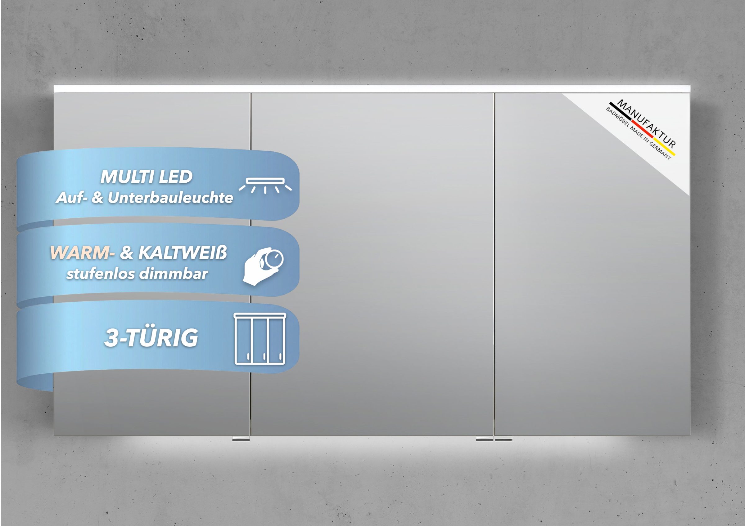 Intarbad Badezimmerspiegelschrank 3-türiger Spiegelschrank mit MULTI LED Beleuchtung, stufenlos dimmbar (Doppelspiegeltüren, Holz-/ Lackdekore, Maße von 90 bis 180 cm wählbar, Höhe 71,8 cm, Glasfachböden, Magnetleiste & Kosmetikspiegel Ø 12 cm) Vormontierte Lieferung, Floatglas, 160 kg Traglast, Made in Germany