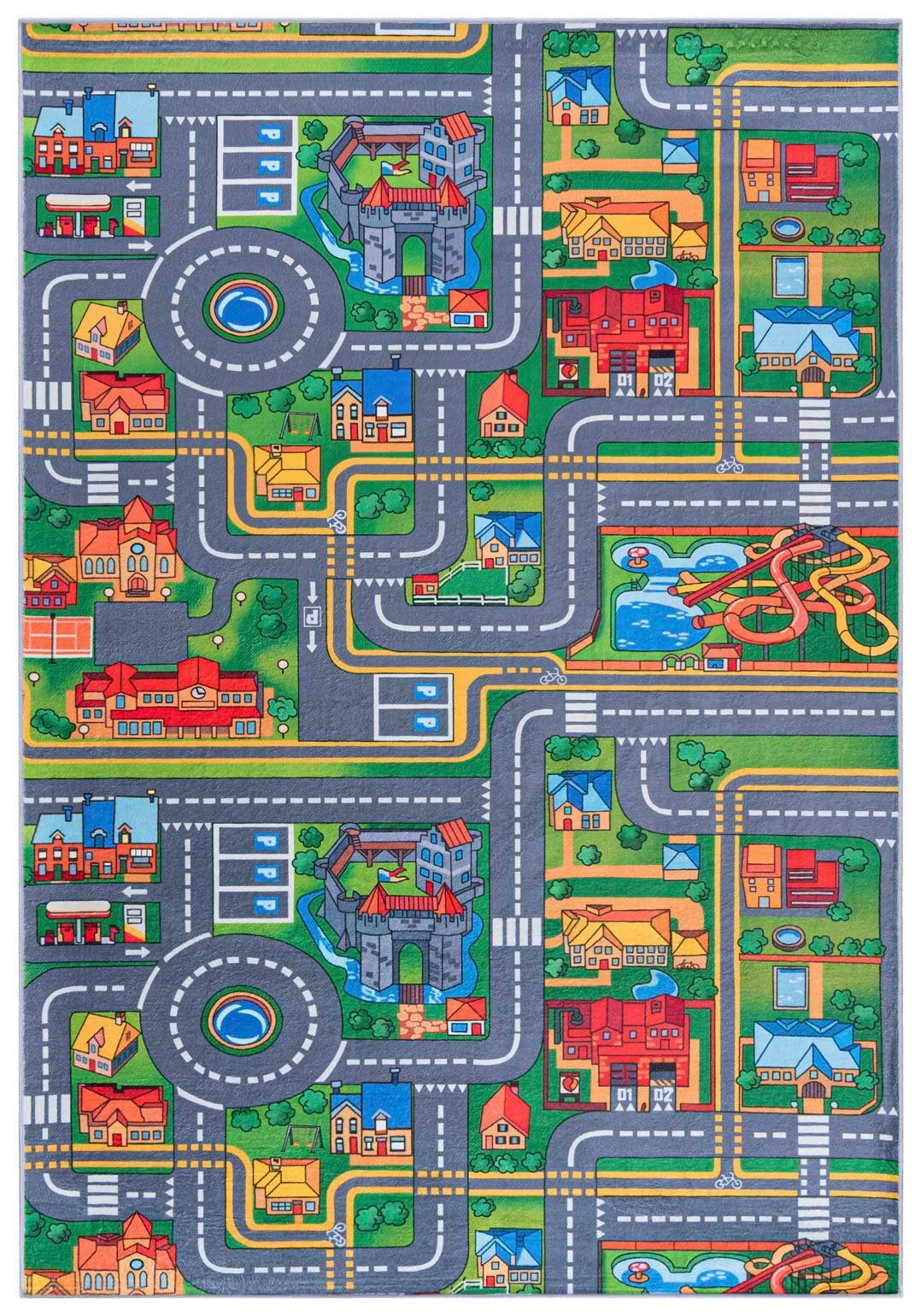 Mazovia Kinderteppich Kinderteppich Spiel Teppich Kinderzimmerteppich Straße Grün Grau, 80 x 150 cm, Fußbodenheizung, Allergiker geeignet, Rutschfest