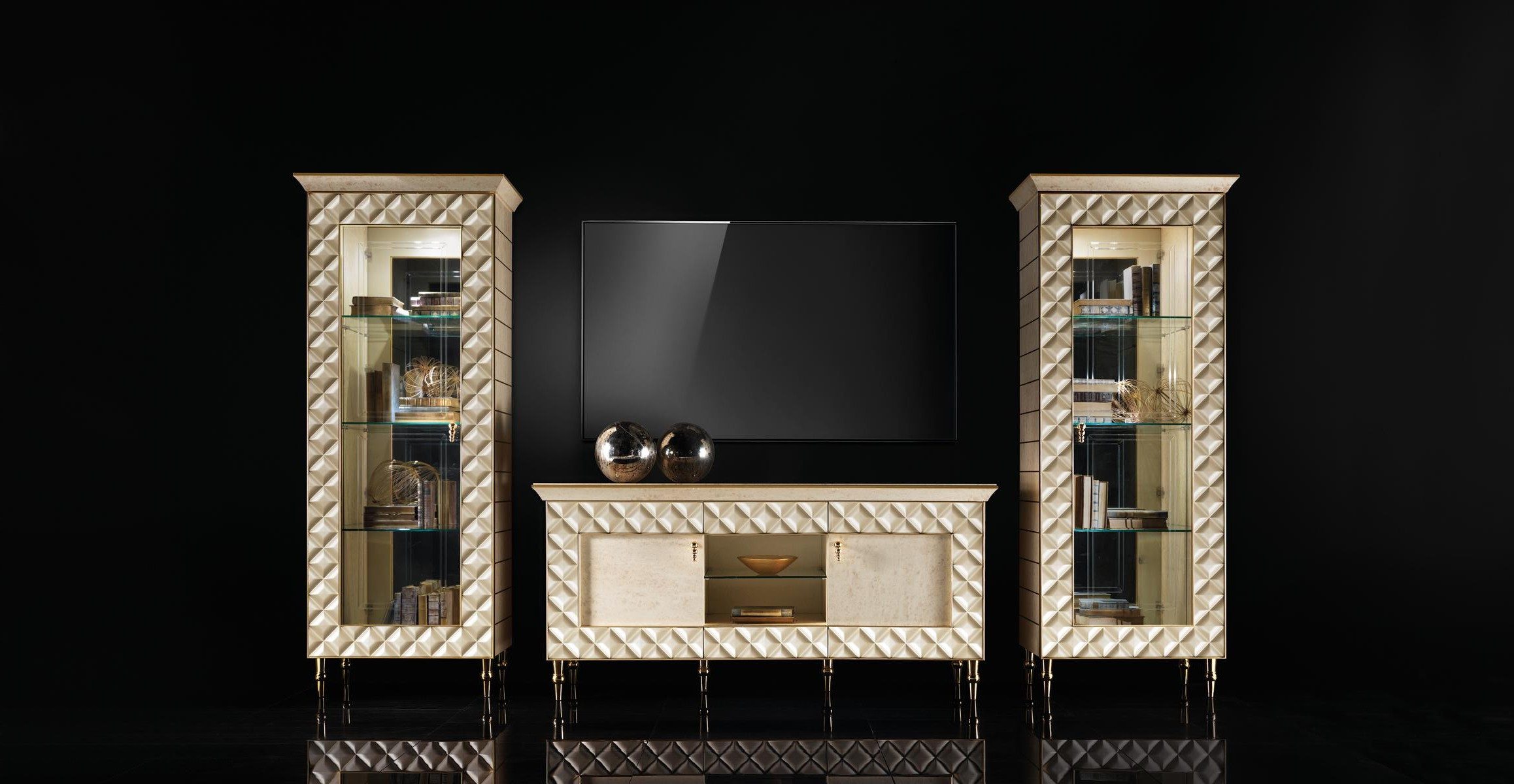 Xlmoebel Vitrine Wohnwand Schrank Barock Rokoko Design arredoclassic™ (3-teiliges Wohnwand-Set (2x Vitrine + RTV) Made in Europa