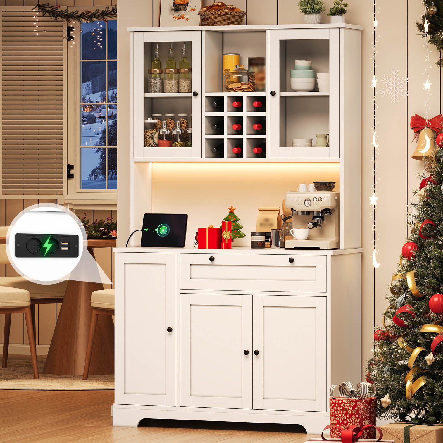 Flieks Küchenbuffet mit Steckdose, LED-Beleuchtung, Weinregal, Glastüren und Türablagen (1-St., 105x40x180 cm) Hochschrank Küchenschrank Geschirrschrank mit verstellbare Ablagen