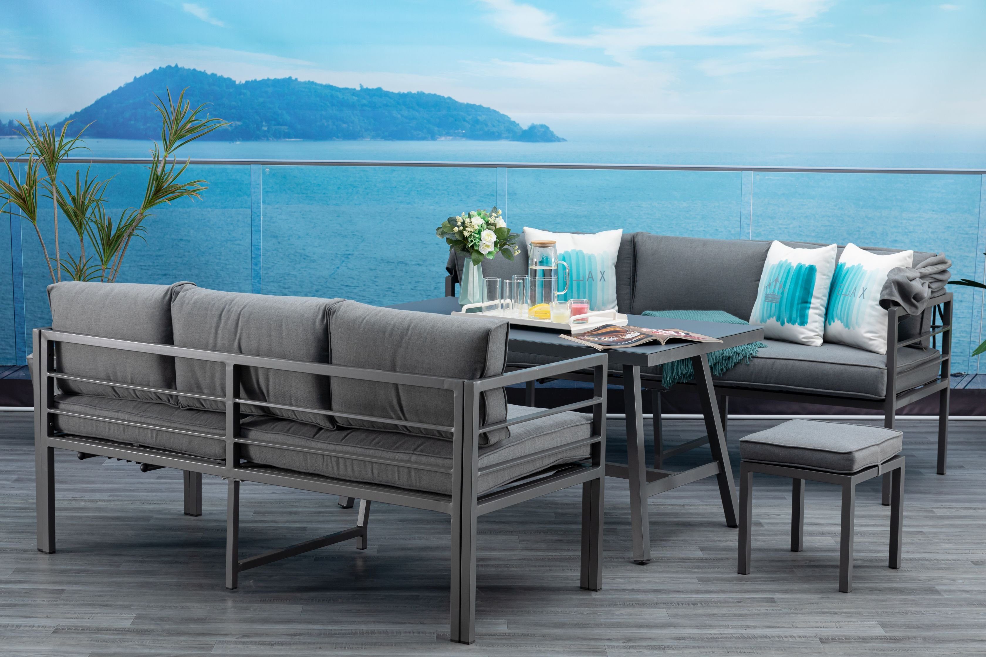 MANDALIKA Garden Gartenlounge-Set Newport anthrazit Gartenmöbelset Dining Eck Lounge, (Set, 4-tlg., Alu, Ecklounge, Esstisch, 2 Hocker inkl. Auflagen), inkl. Auflagen und Liegefunktion