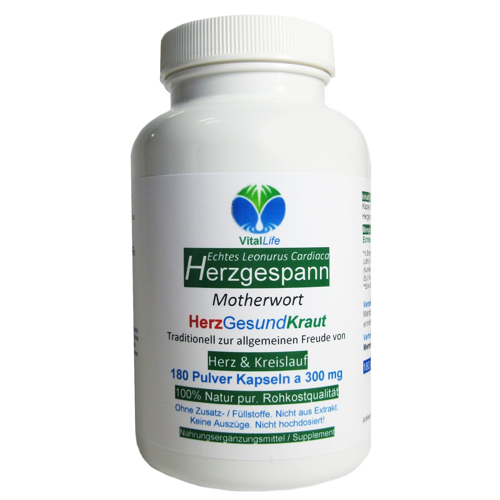 VitalLife Echtes Herzgespannkraut Herzgepann nach Hildegard von Bingen Kapseln, 1 er Dose à 180 St., 54 g