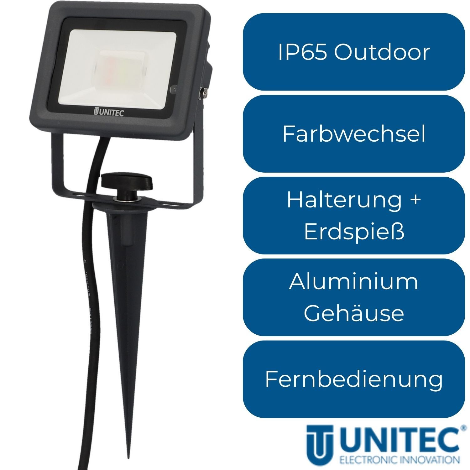 UNITEC LED Gartenstrahler LED Strahler mit Erdspieß farbig Gartenlampe, LED fest eingebaut, Farbwechsler, Außenleuchte Outdoor IP65 Fernbedienung Gartenstrahler bunt Spot Außen