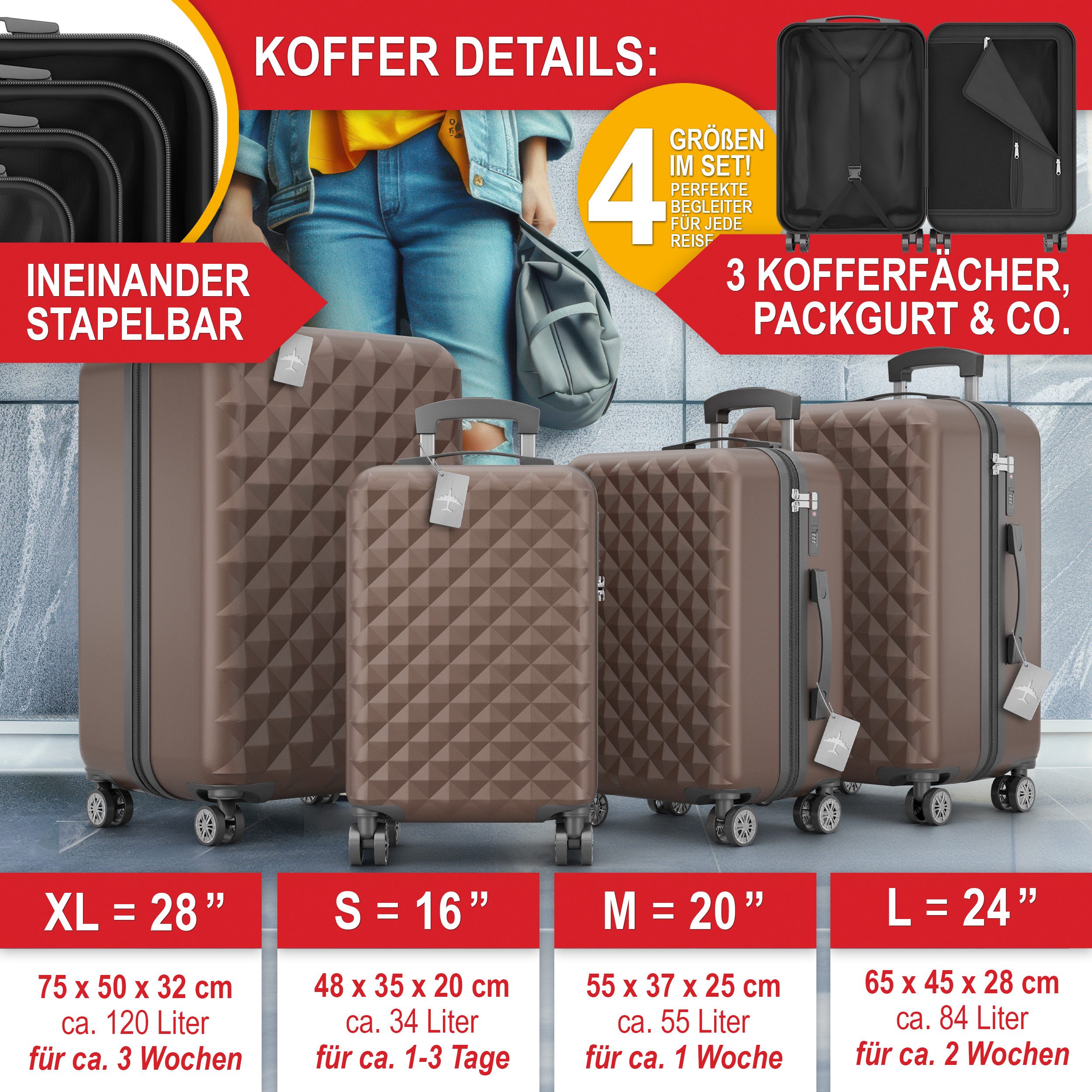 Onbest Kofferset 4er Hartschalen Trolley PREMIUM S-M-L-XL TSA-Schloss, (4 t günstig online kaufen