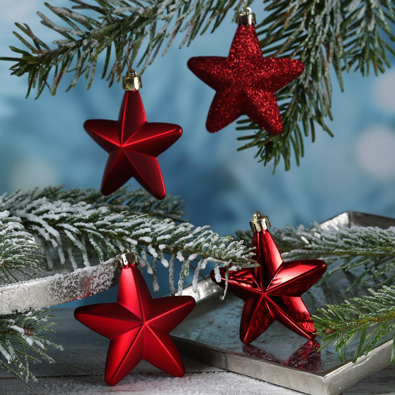 MARELIDA Christbaumschmuck Weihnachtsbaumschmuck Sterne bruchfest glänzend glitzernd rot 6er Set