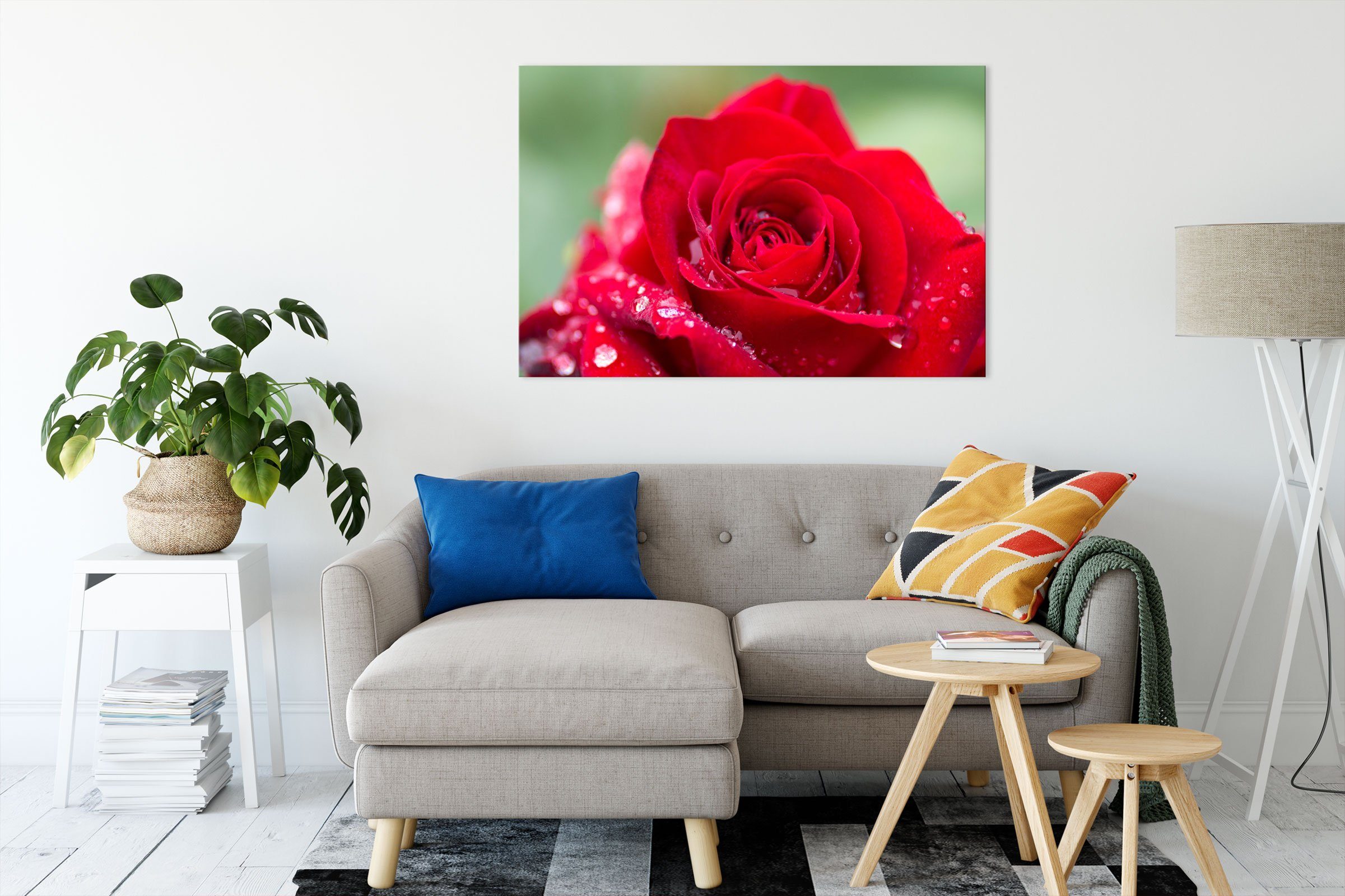 Leinwandbild mit fertig Wassertropfen, (1 inkl. Pixxprint St), Wassertropfen mit Leinwandbild bespannt, Rose Rose Zackenaufhänger