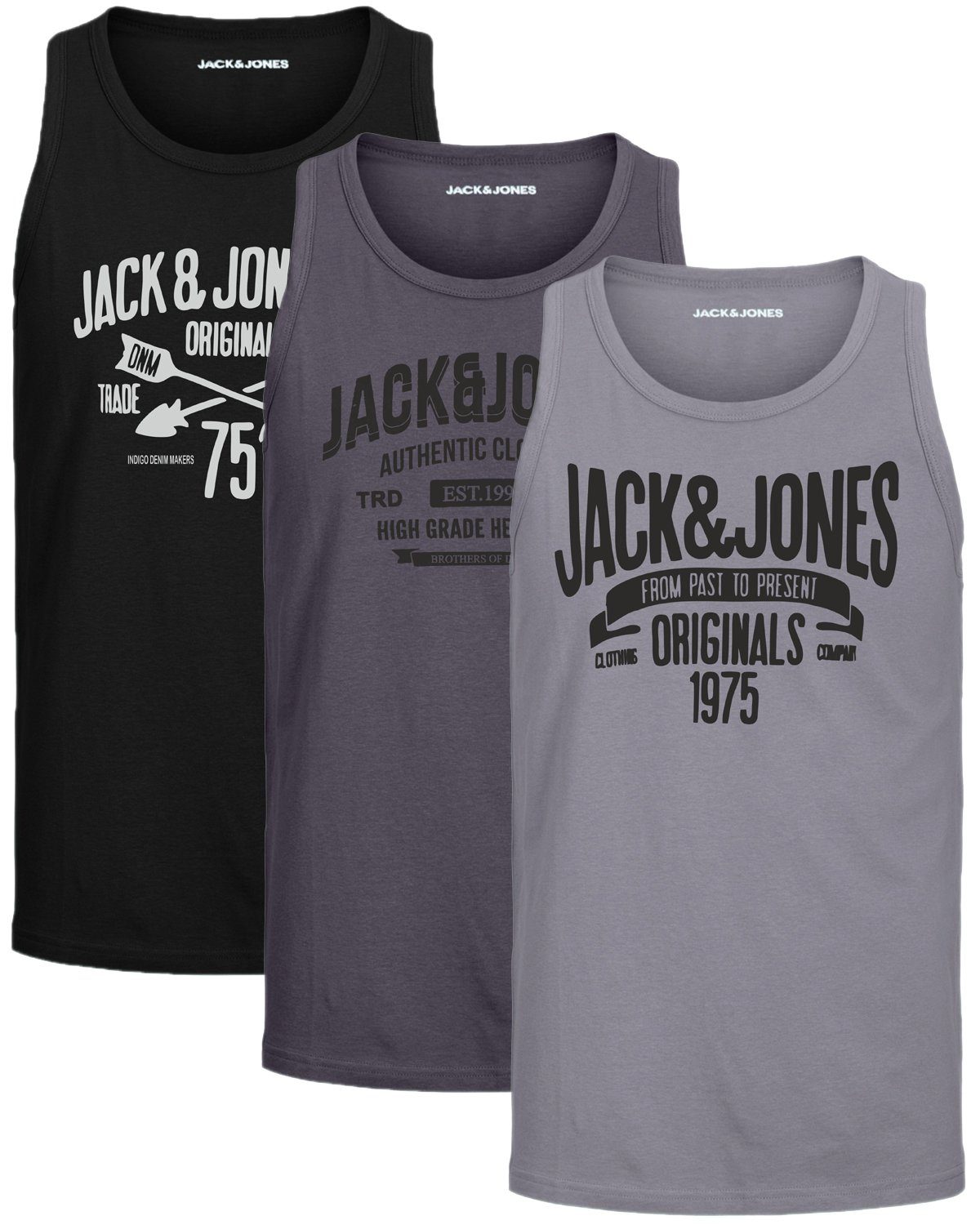 Jack & Jones Tanktop Bequemes Slimfit Shirt mit Printdruck (3er-Pack) unifarbenes Oberteil aus Baumwolle, Größe M