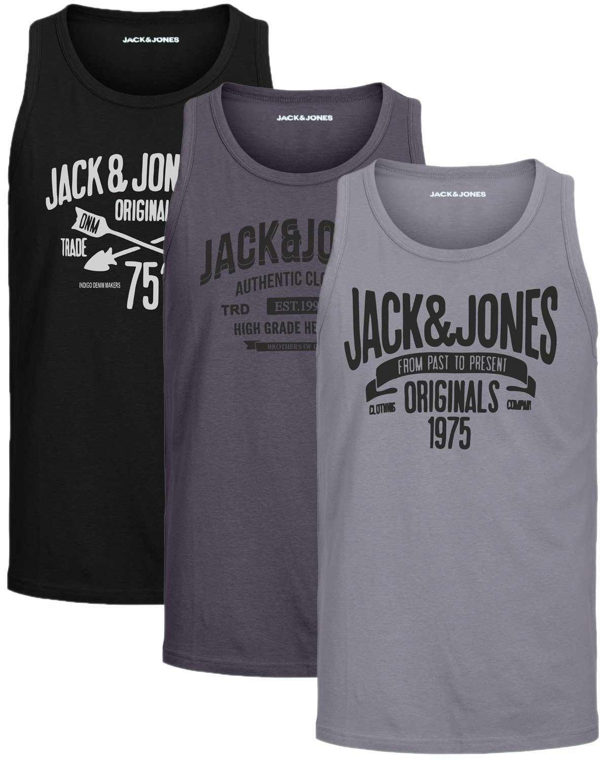 Rundhalsausschnitt, unifarbe, Print Asphalt-OPT3 Jones Jack & in Tanktop (3er-Pack) mit vorne mit