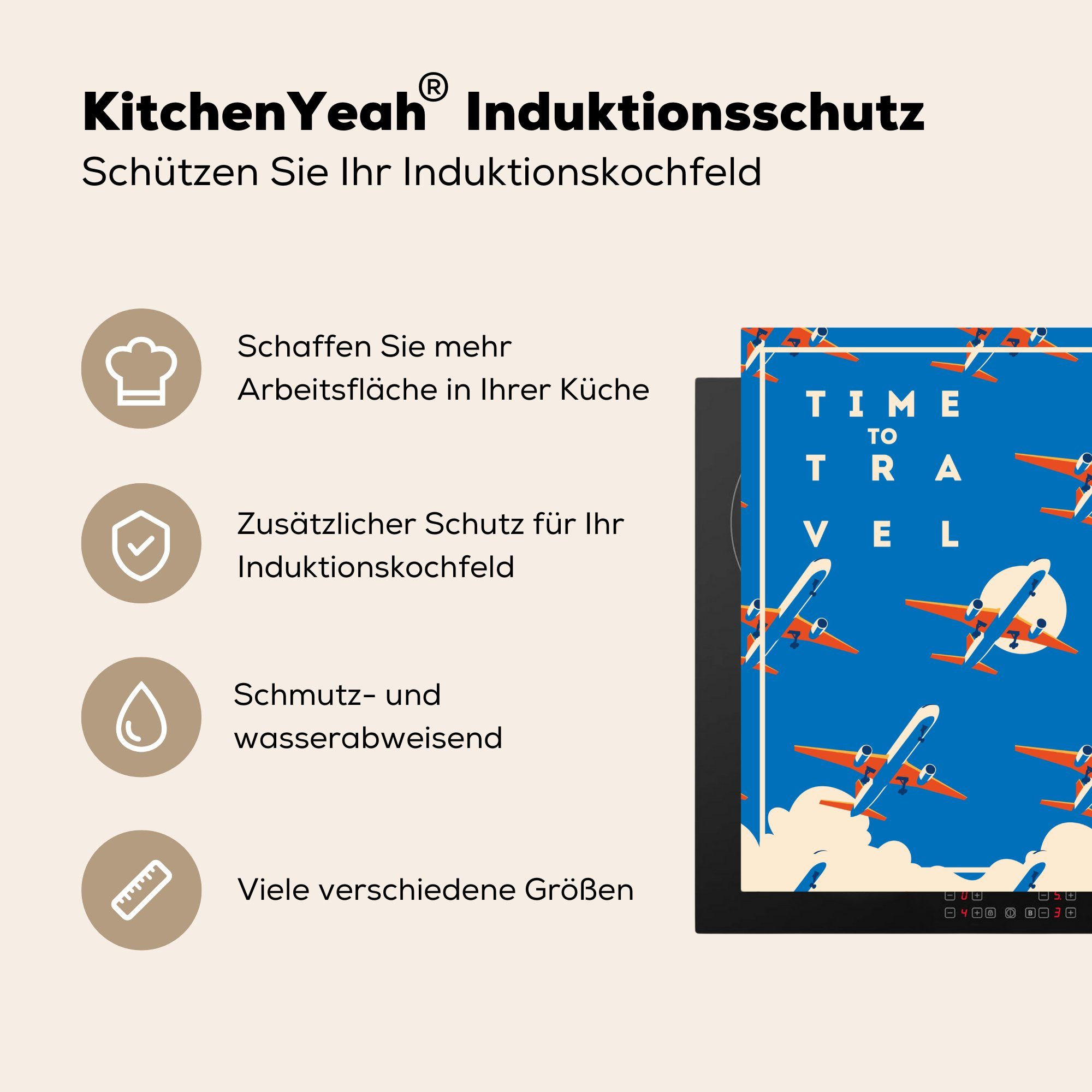 für (1 Urlaub, Flugzeuge - cm, Zitate Arbeitsplatte Vinyl, Herdblende-/Abdeckplatte MuchoWow Ceranfeldabdeckung, tlg), küche 78x78 -