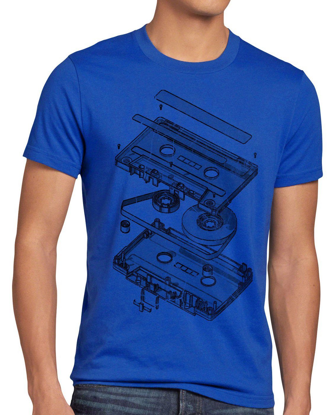 style3 Print-Shirt Herren T-Shirt Tape Kassette mc dj 3D turntable ndw analog disko cd 80er vinyl blau