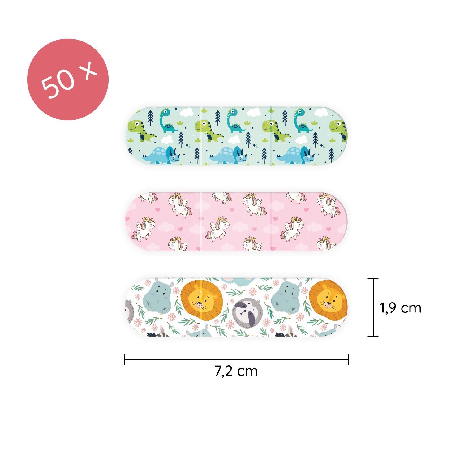 FLEXEO Wundpflaster Kinderpflaster (50 St), tierische Pflastermotive Einhorn Dino Löwe