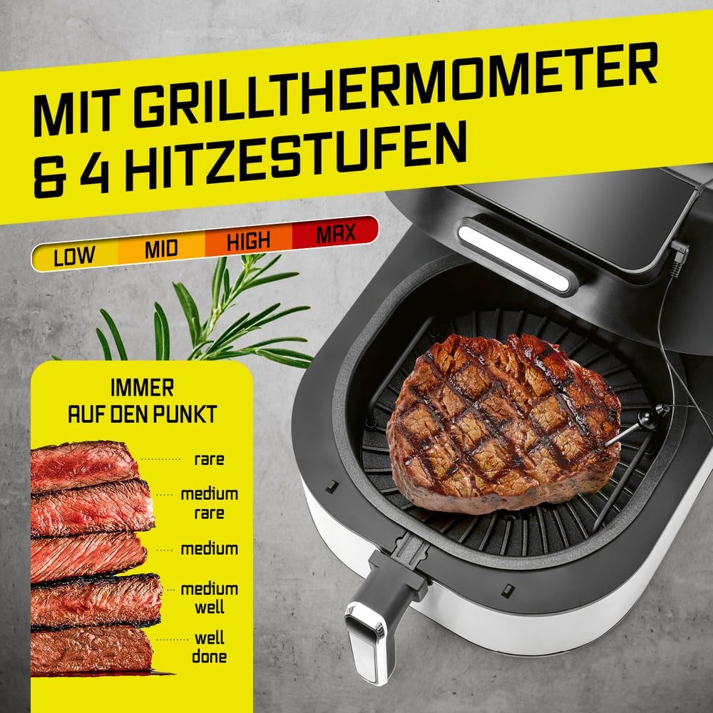 GOURMETmaxx Heißluftfritteuse Heißluftfritteuse FryBBQ, 5 l - 2 in 1: Heißluftfritteuse und Grill - mit 5 Modi, 2000 W, 7-Zoll-LED Displays, 5 Funktionen, 2000 W, 360°-Heißluftzirkulation