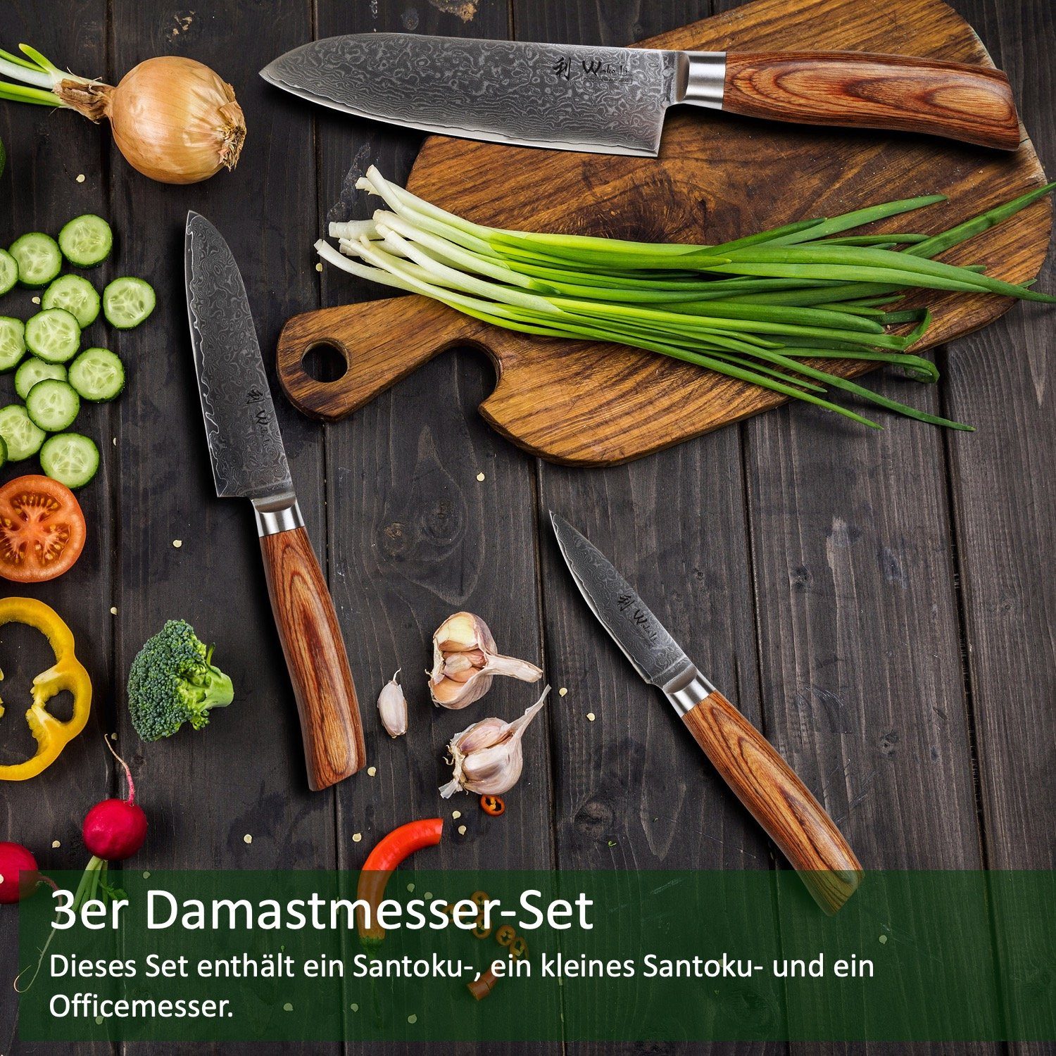 Wakoli Messer-Set Edib Pro 3er I I Holzbox Damastmesser-Set Pakkaholz 8-16cm I Klinge