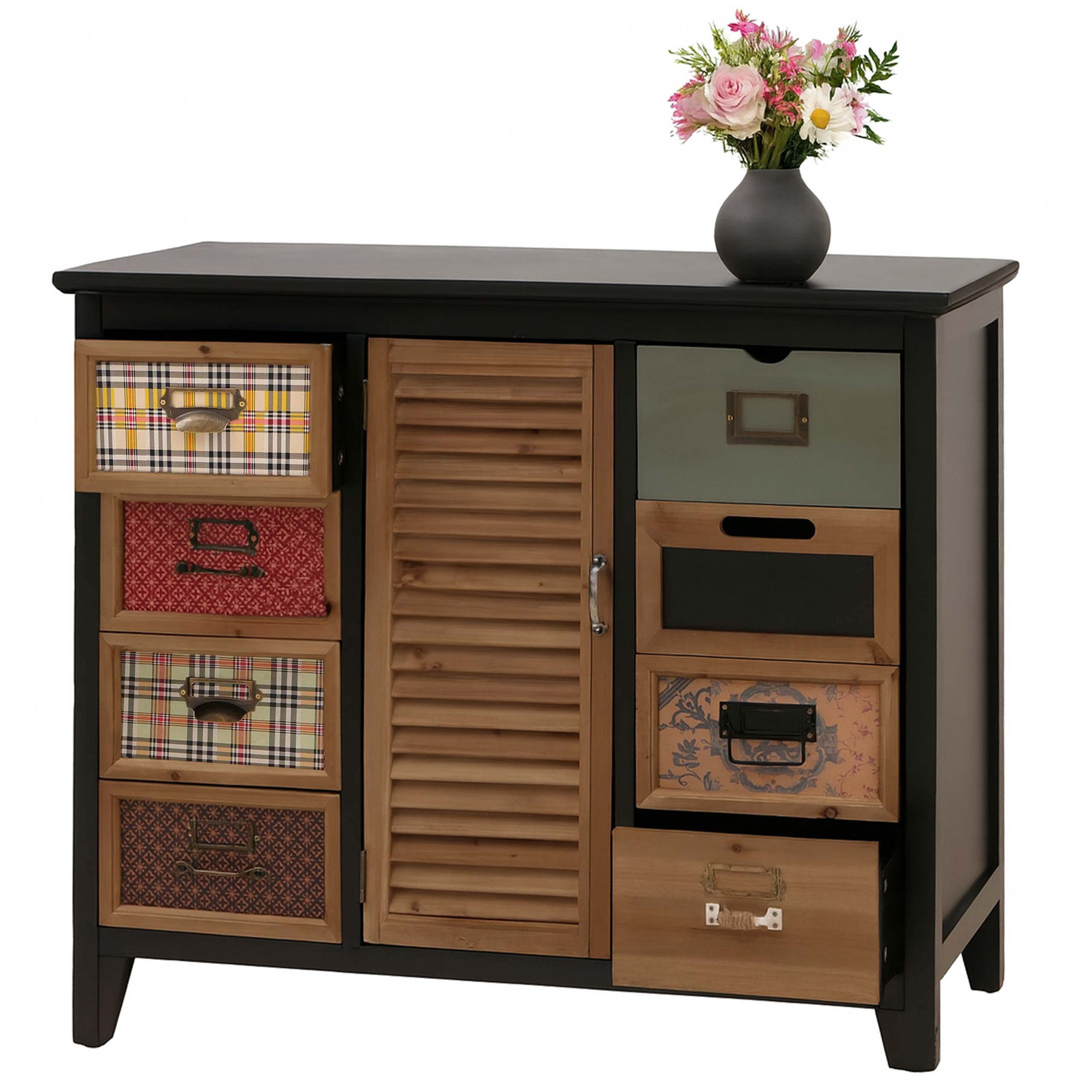 MCW Apothekerschrank MCW-O63-G Schubladenfronten im Mix aus Mustern und Farben mit Etikettenhaltern