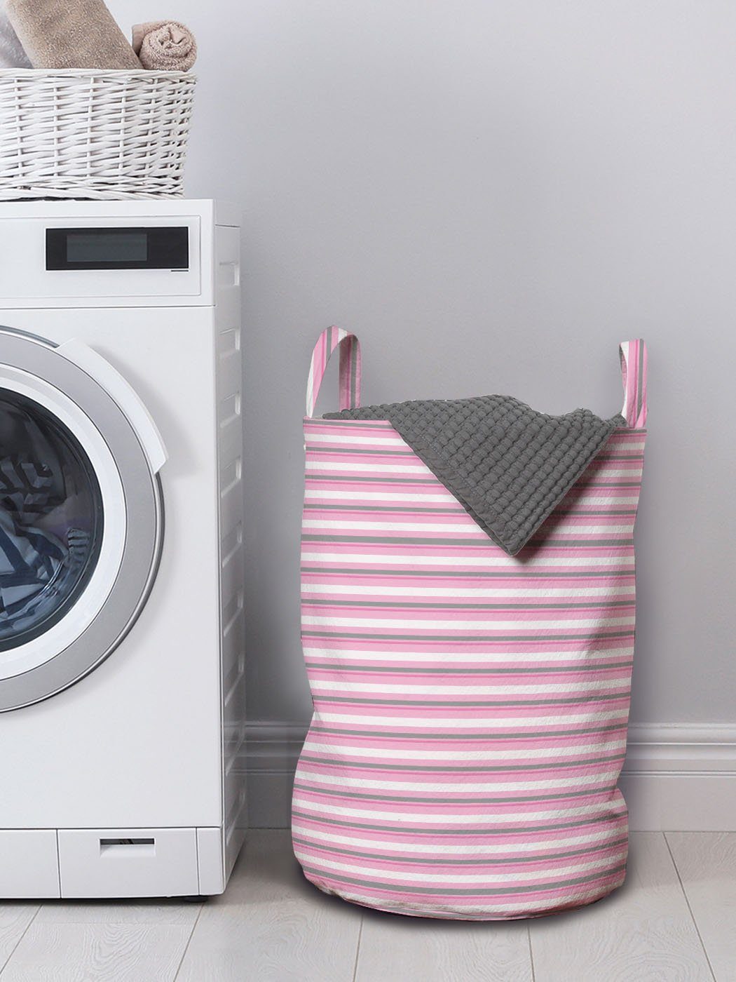 Tones Geometrisch für mit Abakuhaus Waschsalons, Kordelzugverschluss Wäschekorb Griffen Wäschesäckchen Pink Stripes
