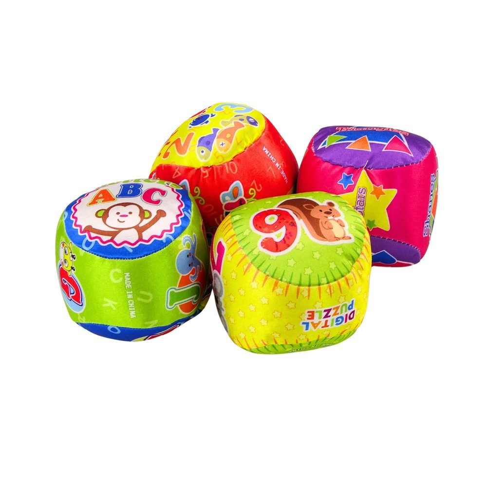 LEAN TOYS Rasselball Stoffbälle Greifbälle Babyspielzeug, 4er-Set, Rassel, Ø 10 cm, weich, ab 3 Monaten