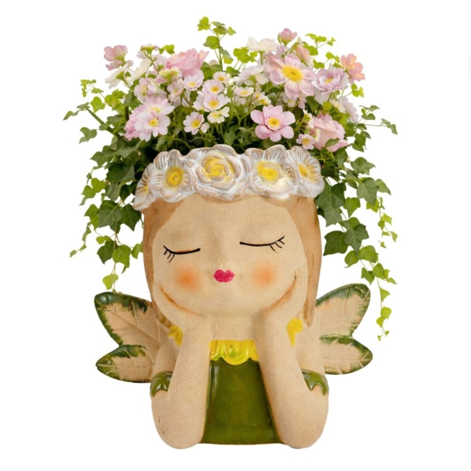 Online-Fuchs Blumentopf Mädchenkopf, Frau, Fee für Blumen oder Kräuter - Pflanztopf, Vase (aus Keramik gefertigt, Deko für Wohnzimmer und Küche), 7 cm große Öffnung für kleine Blumen, Pflanzen und Kräuter