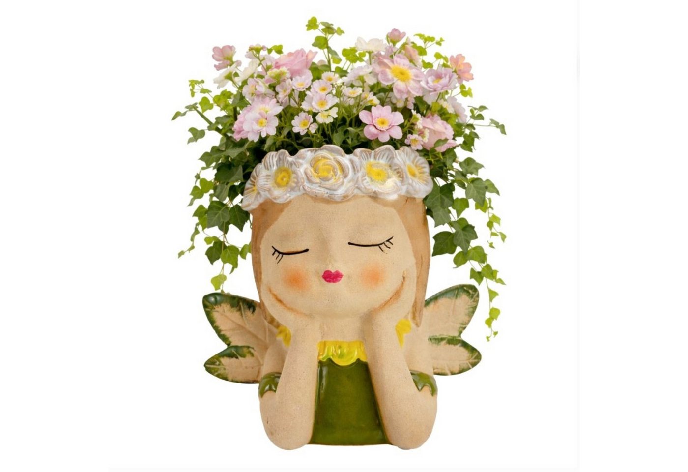 Online-Fuchs Blumentopf Mädchenkopf, Frau, Fee für Blumen oder Kräuter - Pflanztopf, Vase (aus Keramik gefertigt, Deko für Wohnzimmer und Küche), 7 cm große Öffnung für kleine Blumen, Pflanzen und Kräuter