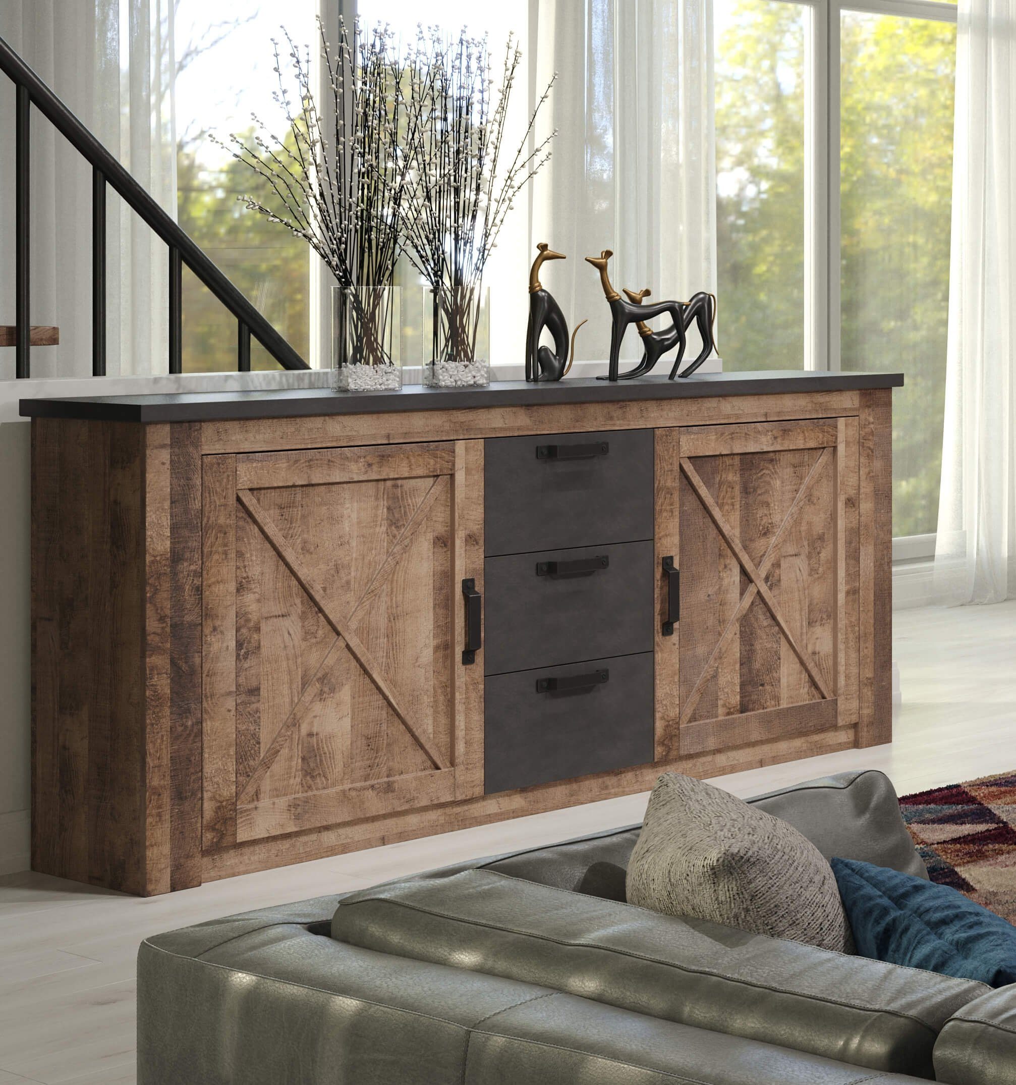 Newroom Kommode Tabak Eiche 180 cm, Kommode Tabak Eiche Industrial Rustikal Sideboard Highboard Wohnzimmer