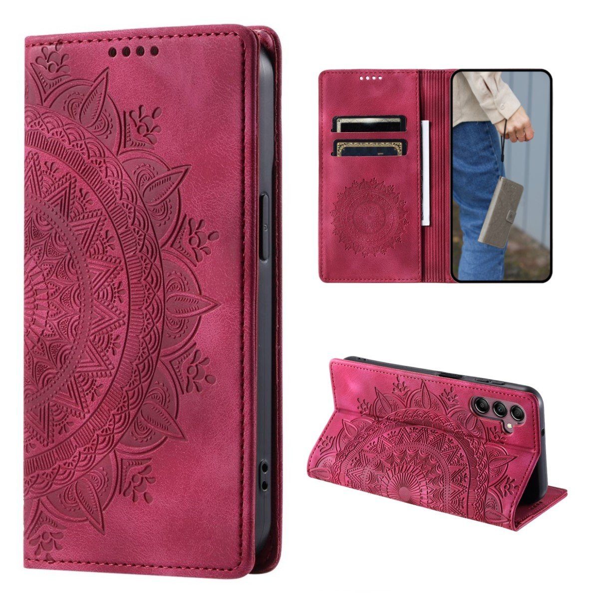 CoverKingz Handyhülle Hülle für Samsung Galaxy S24 Handyhülle Flip Case Cover Tasche Etui 15,7 cm (6,2 Zoll), Klapphülle Schutzhülle mit Kartenfach Schutztasche Motiv Mandala