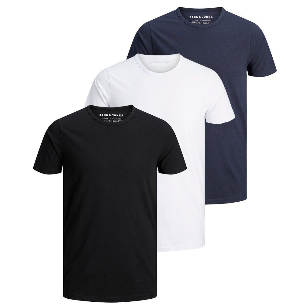 Jack & Jones T-Shirt Herren Basic T-Shirt 3er Pack Rundhals O-Neck Regular Baumwolle Lycra 3er Pack Black/White/NavyBlue (Schwarz/Weiß/Blau)