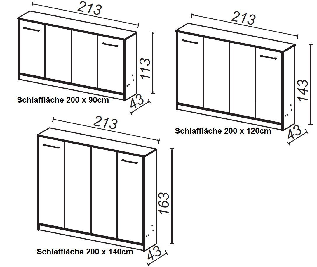 mit & 140x200 horizontal Schrankbett klappbar Aufsatz Weiß QMM horizontal Schrankbett 2 Wandbett TraumMöbel HB Schränken
