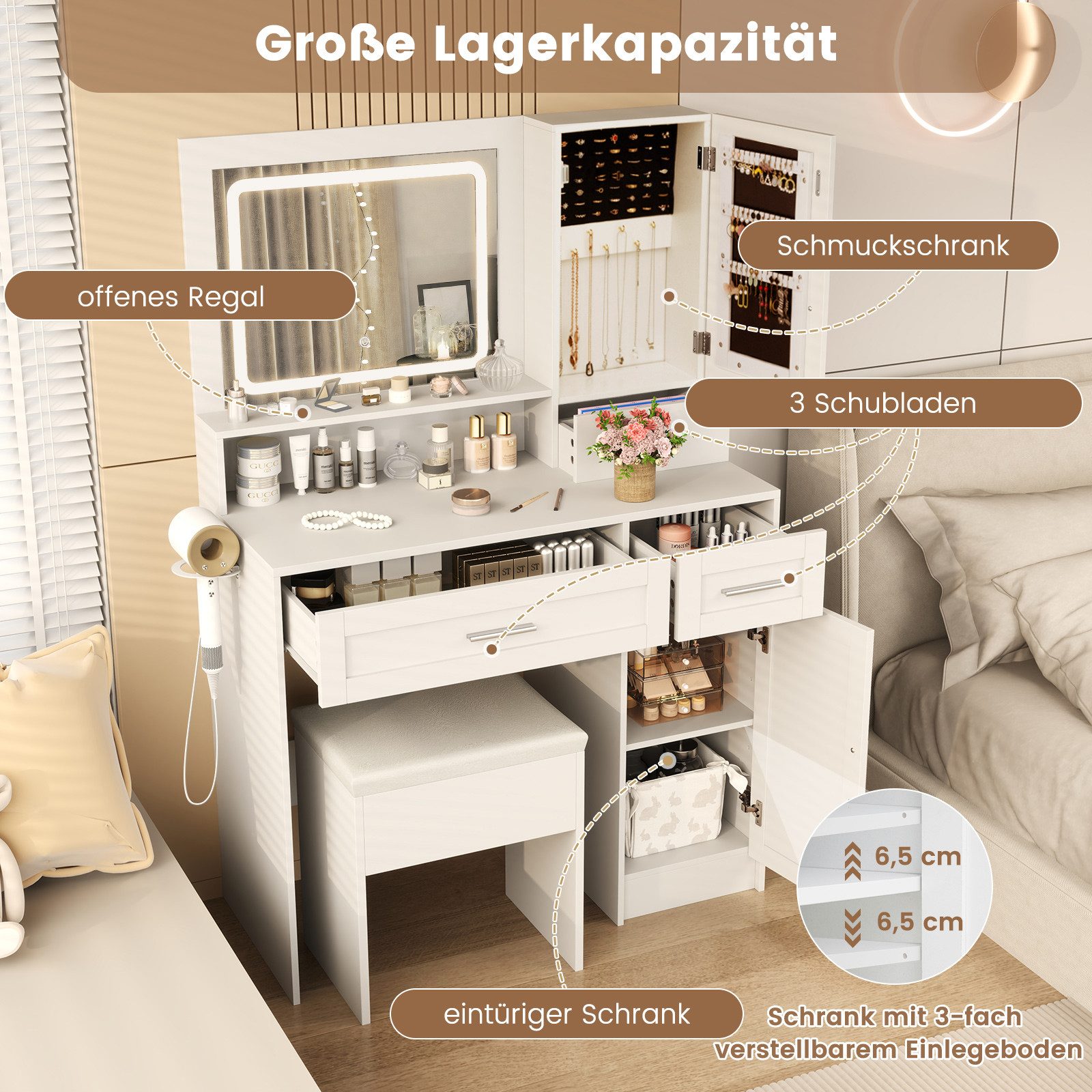 COSTWAY Schminktisch (1-St), mit LED, Ladestation, Schubladen, Schmuckschrank, Hocker
