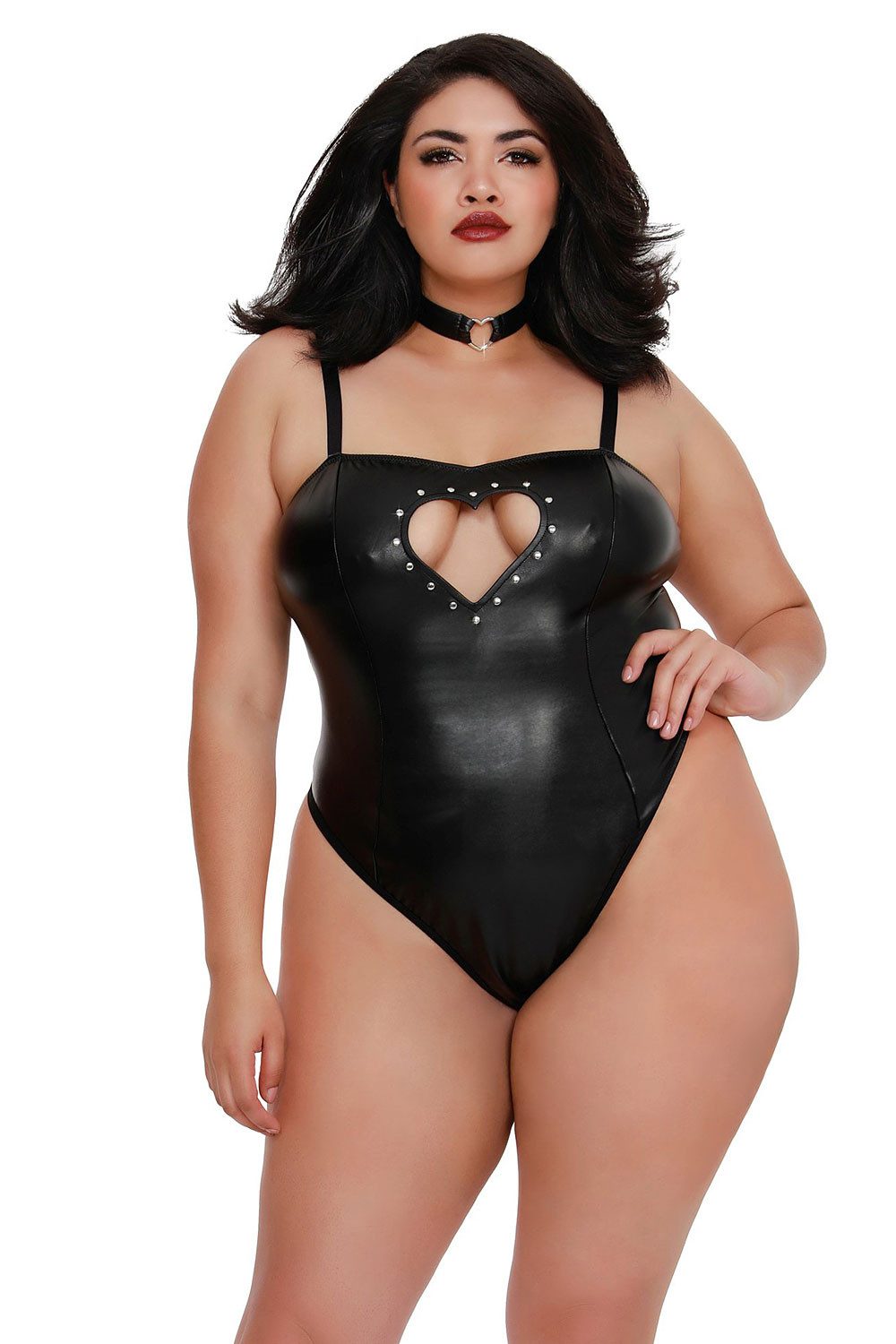Dreamgirl Stringbody Wetlook Damen Dessous Body Teddy in schwarz mit Kunstleder und Riemche