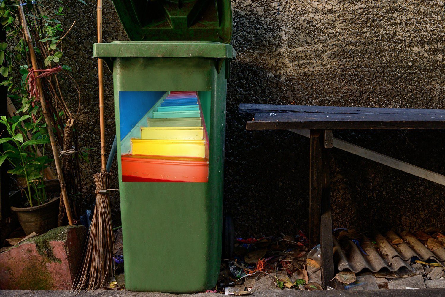 Sticker, Treppe des Wandsticker MuchoWow Mülltonne, Regenbogens den St), in Mülleimer-aufkleber, Abfalbehälter Container, (1 Farben
